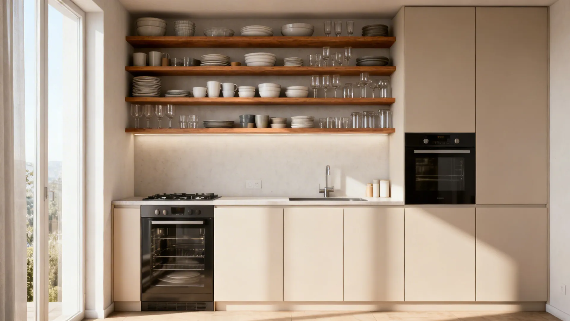 Small kitchen wall with open wood shelving and one bank of closed cabinets for hidden storage