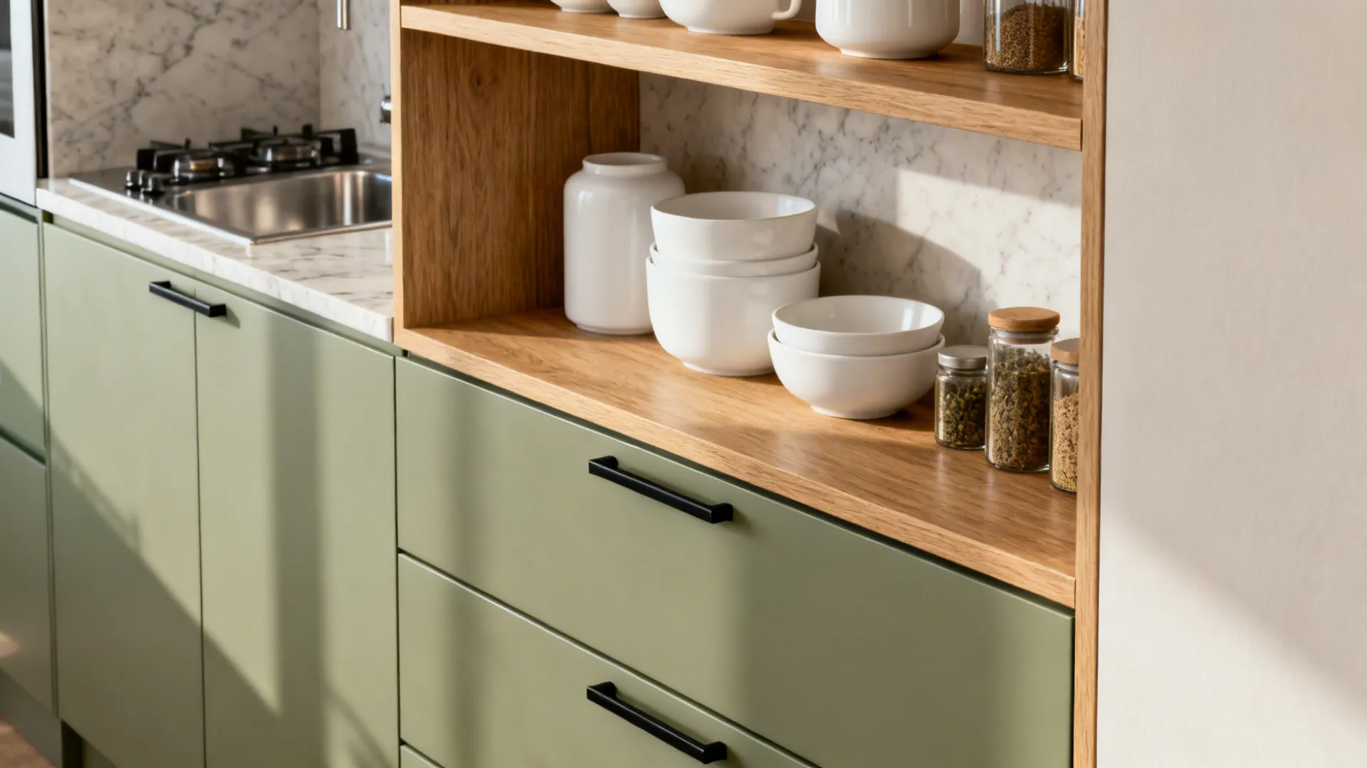 Minimal open shelves with curated ceramics above matte sage base cabinets in a small kitchen.