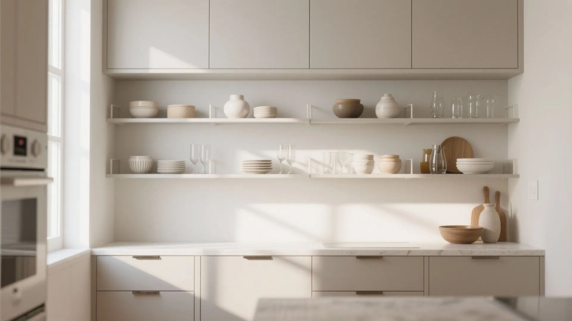 Minimalist kitchen with white open shelves holding plates glasses bowls closed base cabinets and countertop