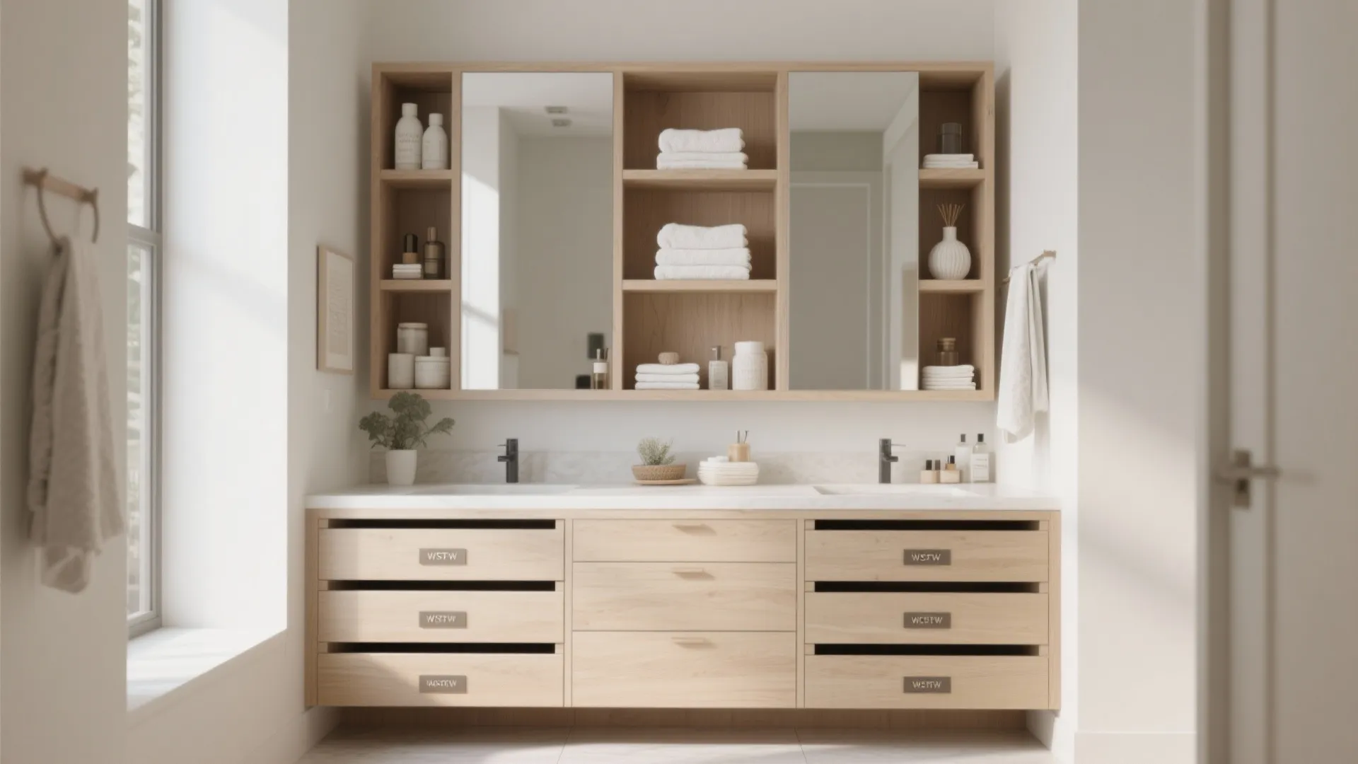 3. Open shelving plus closed drawers for balanced storage