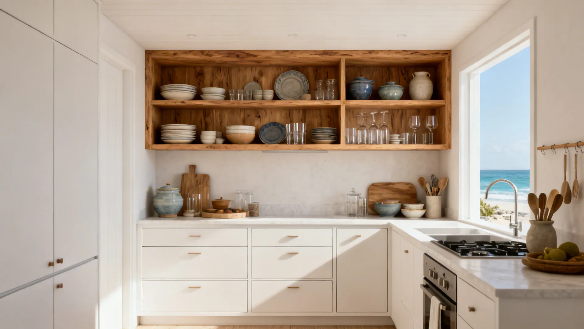 Coastal compact kitchen with open wood shelves above matte lower cabinets and styled dishes