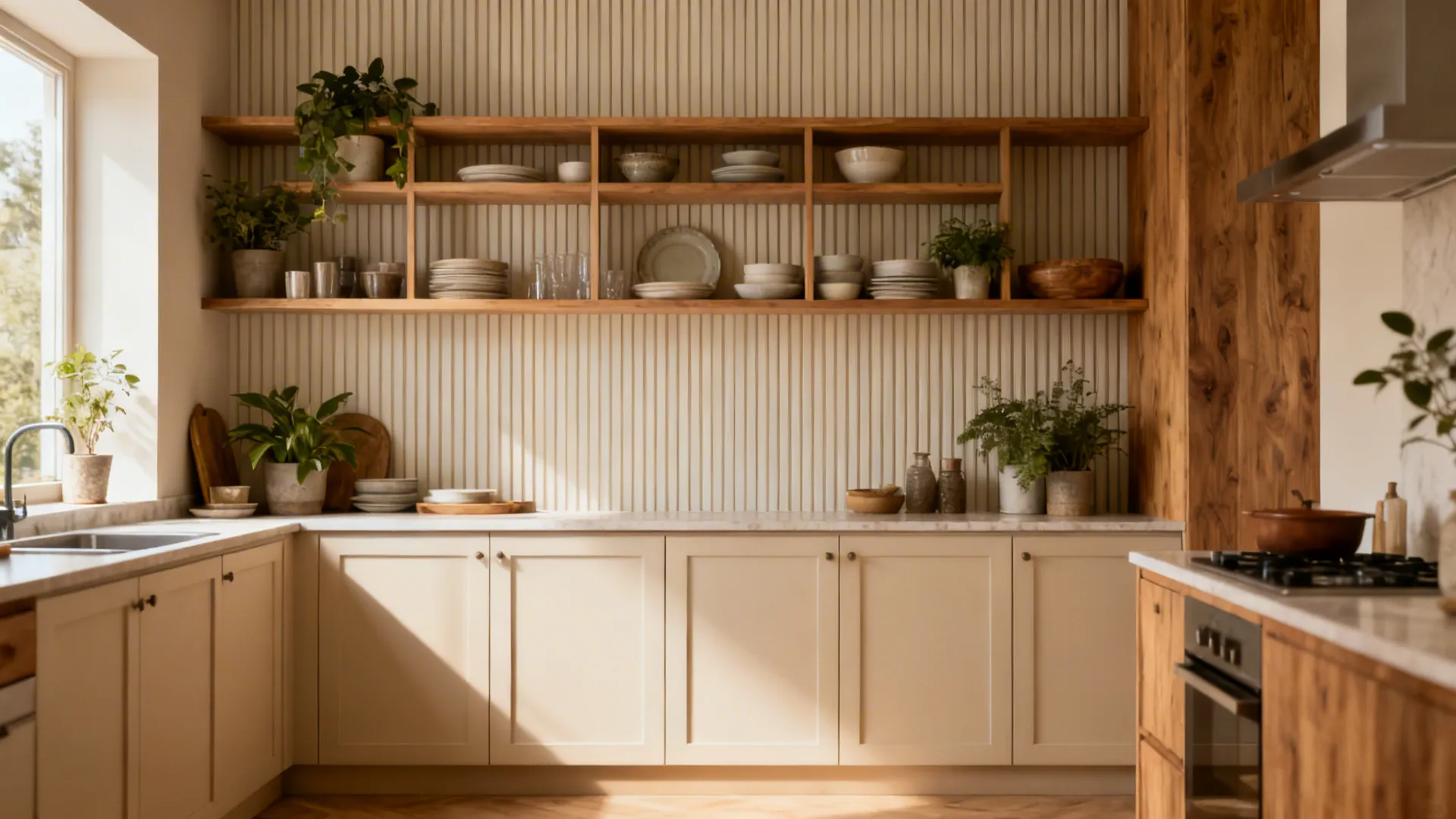 Vertical open shelves above closed lower cabinets that raise visual height while hiding clutter.