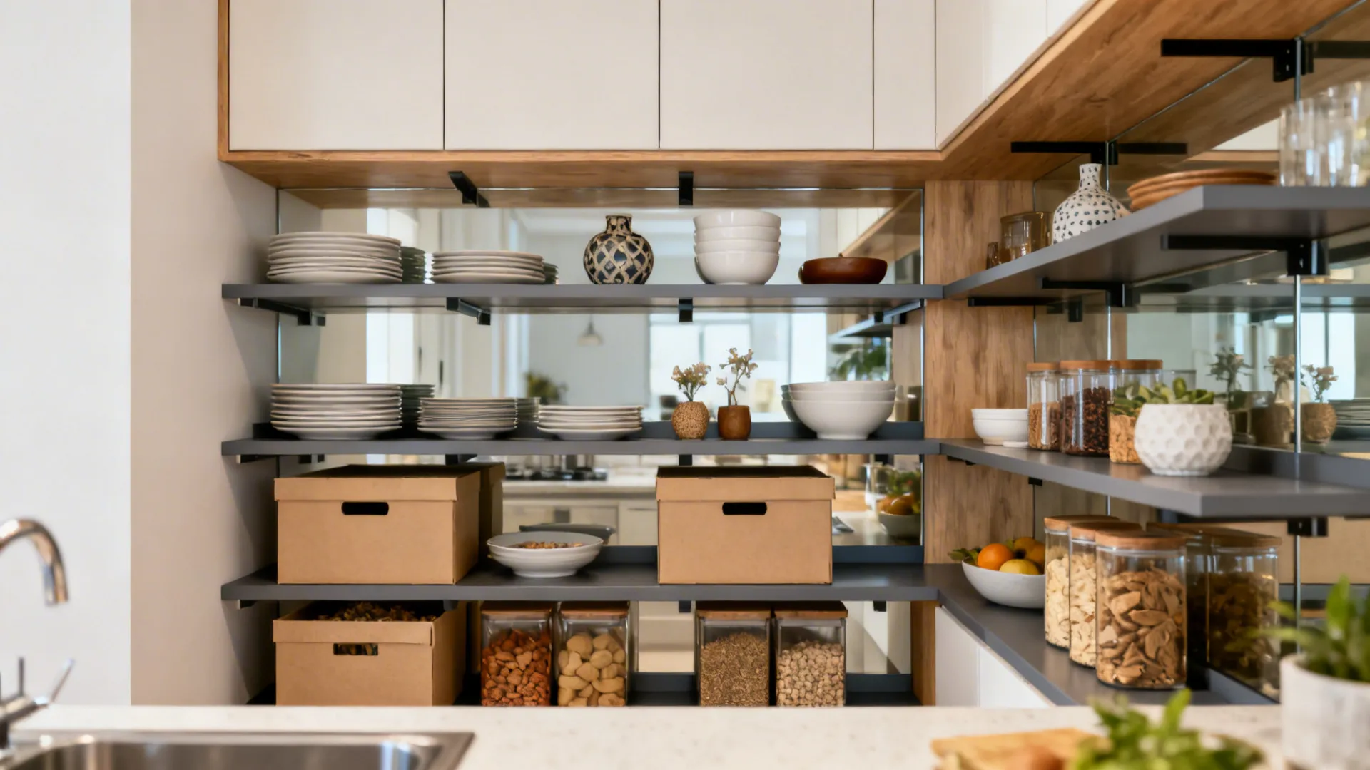Compact kitchen blending closed uppers with open shelves for daily dishes and decor.