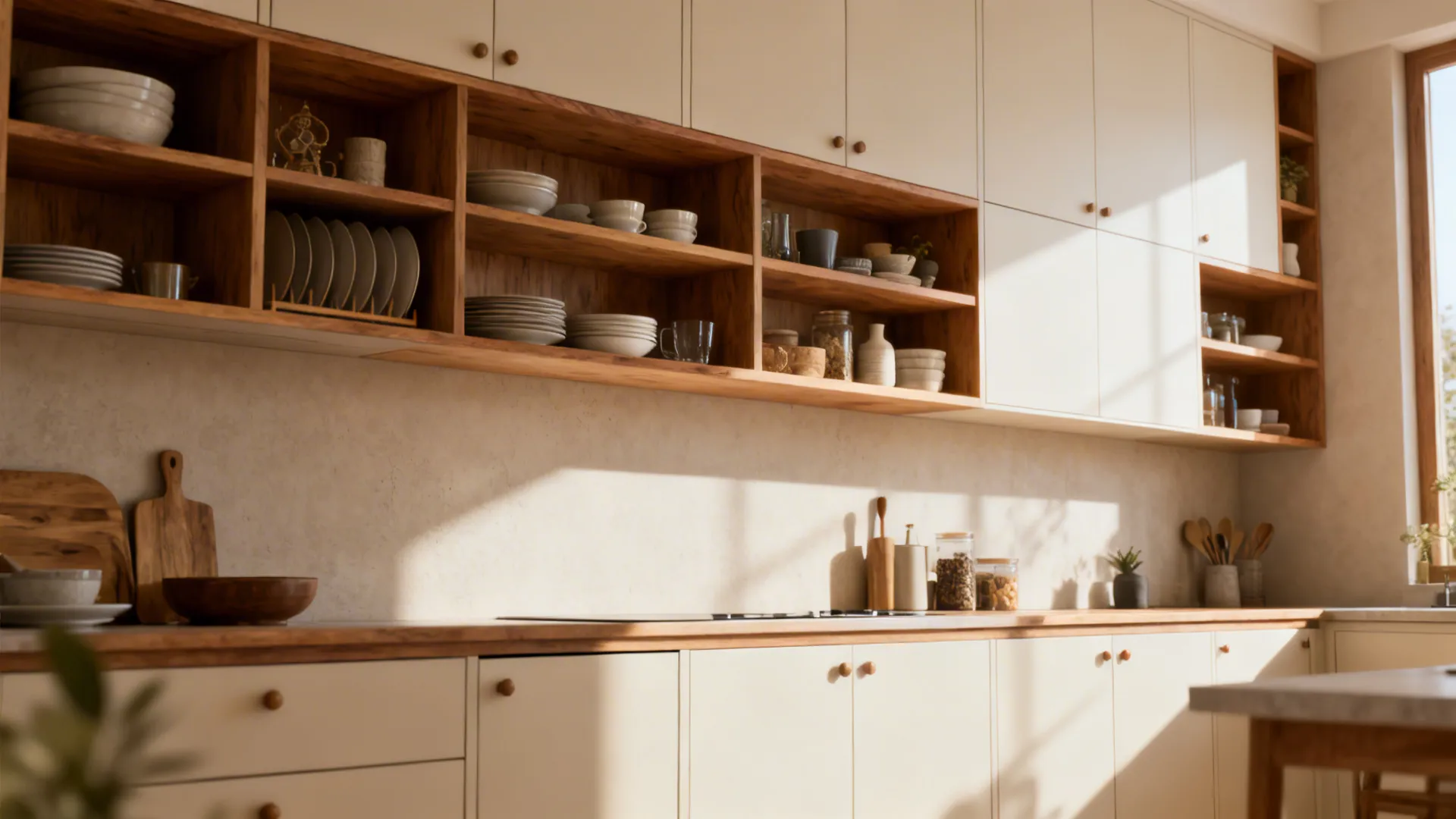 Kitchen wall with mixed open shelves and closed cabinets, neat dishes and wood accents.