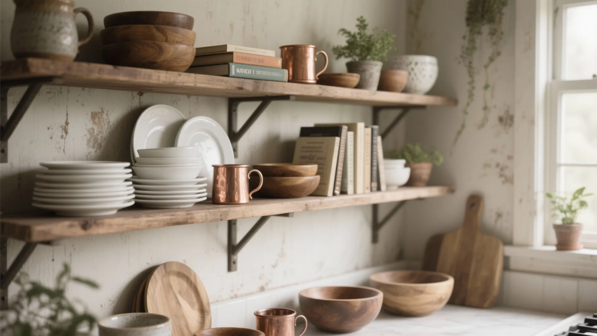 2. Open shelving with purposeful clutter