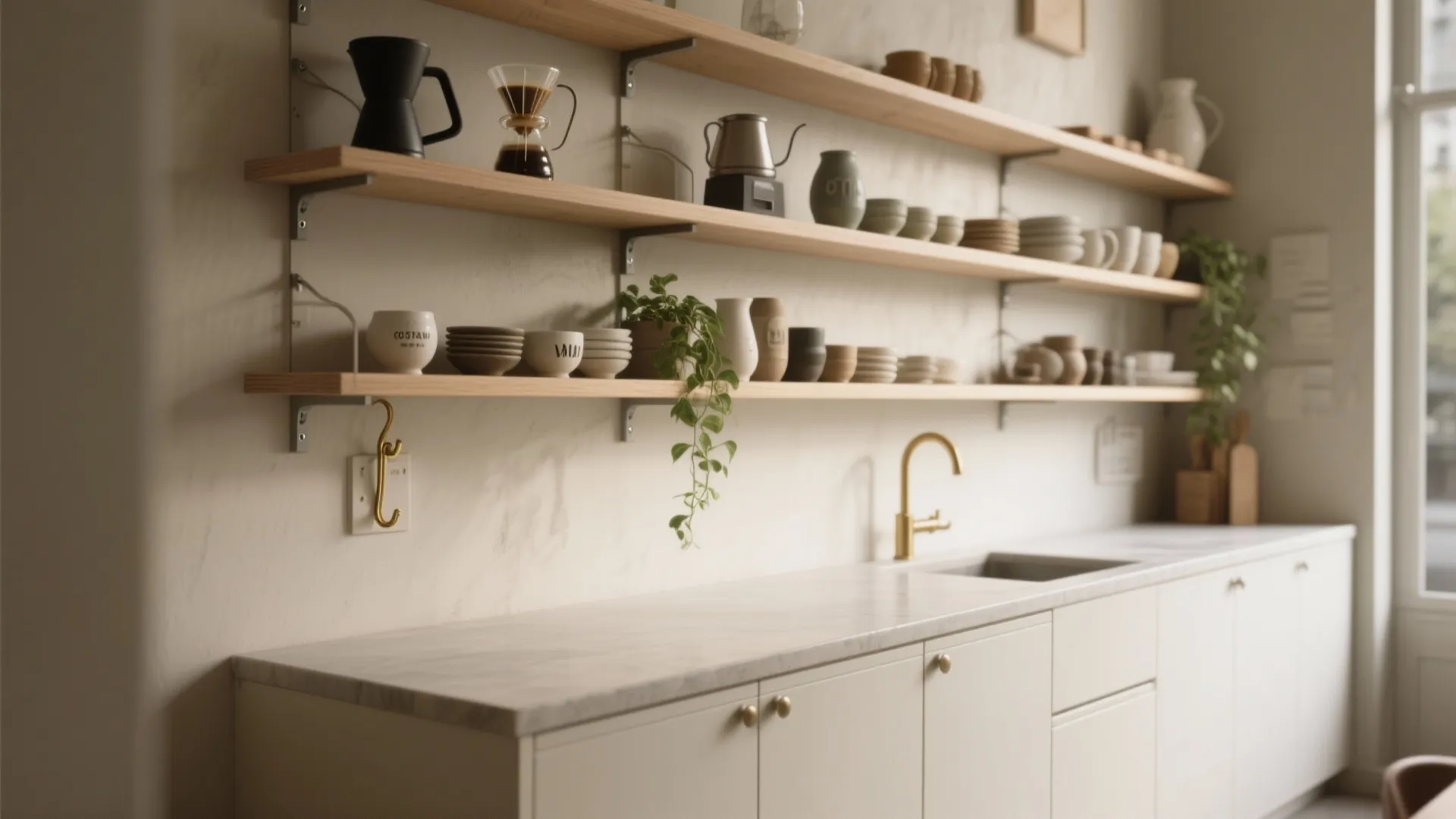 2. Swap full doors for open shelving or shallow cabinets