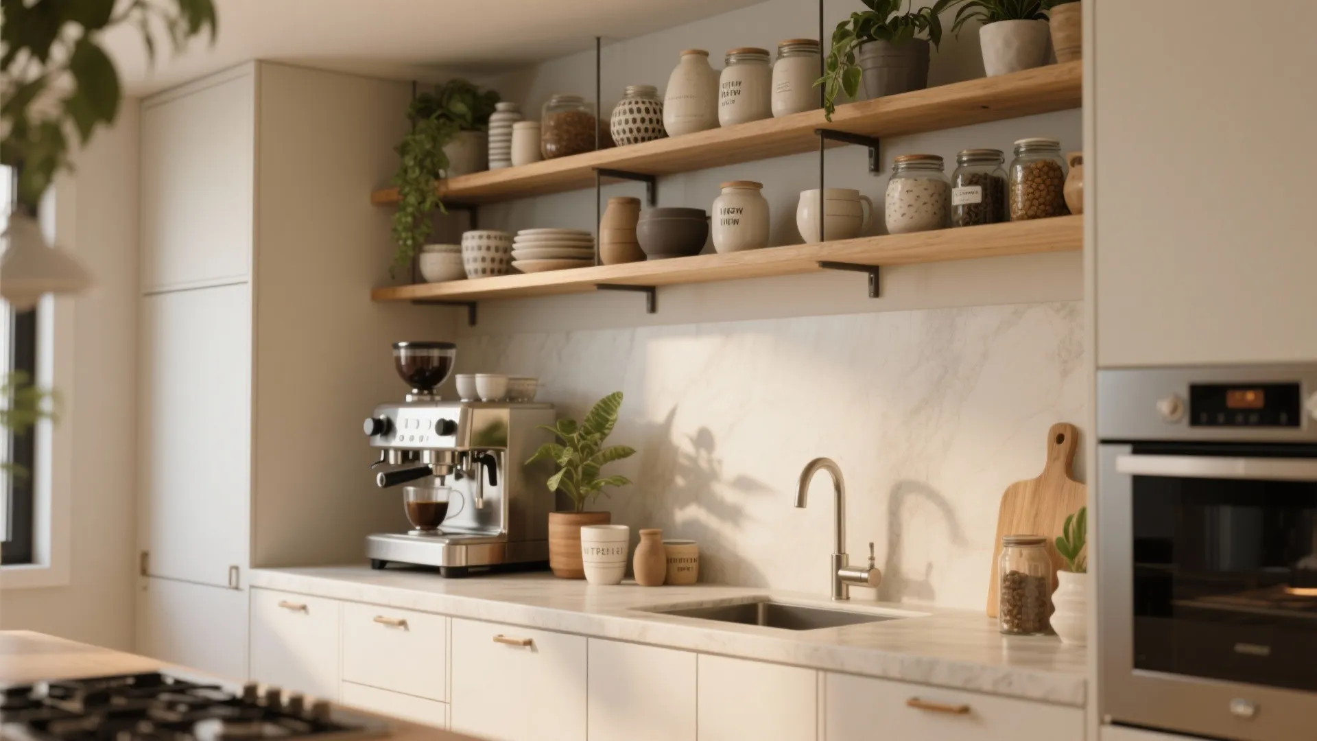 5. Open Shelving with Zoned Organization