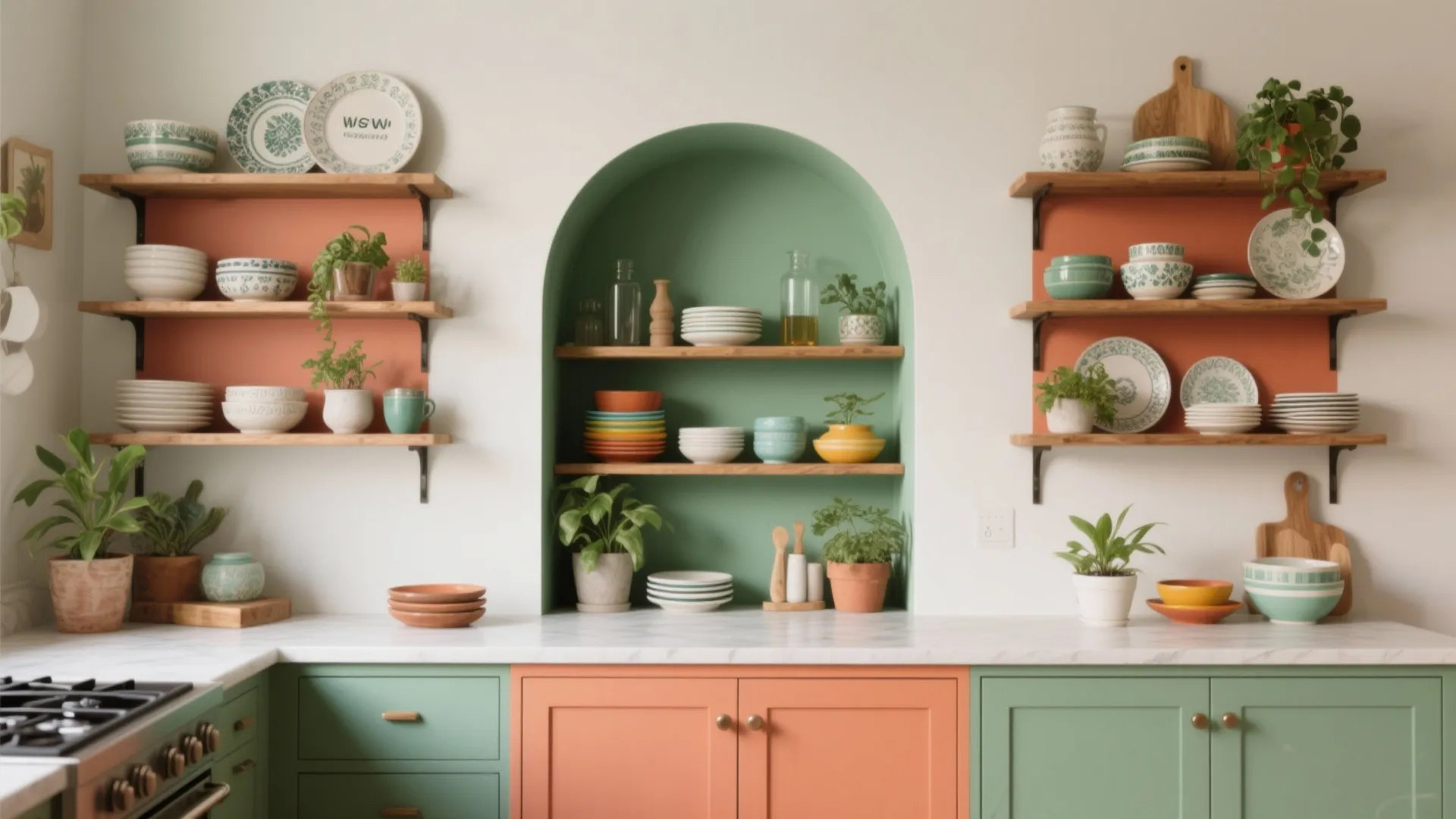 Colorful kitchen wall with open wooden shelves green arched nook orange panels and white countertop