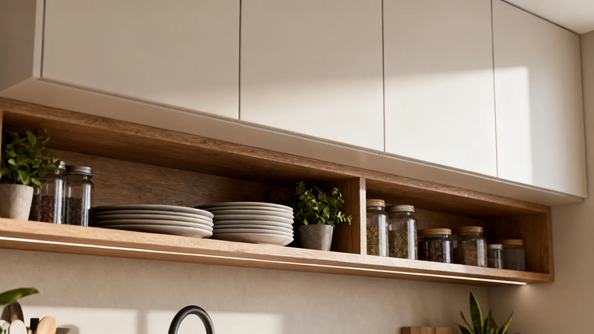 Open lower shelves styled with dishes and plants paired with concealed upper cabinets in a small kitchen.