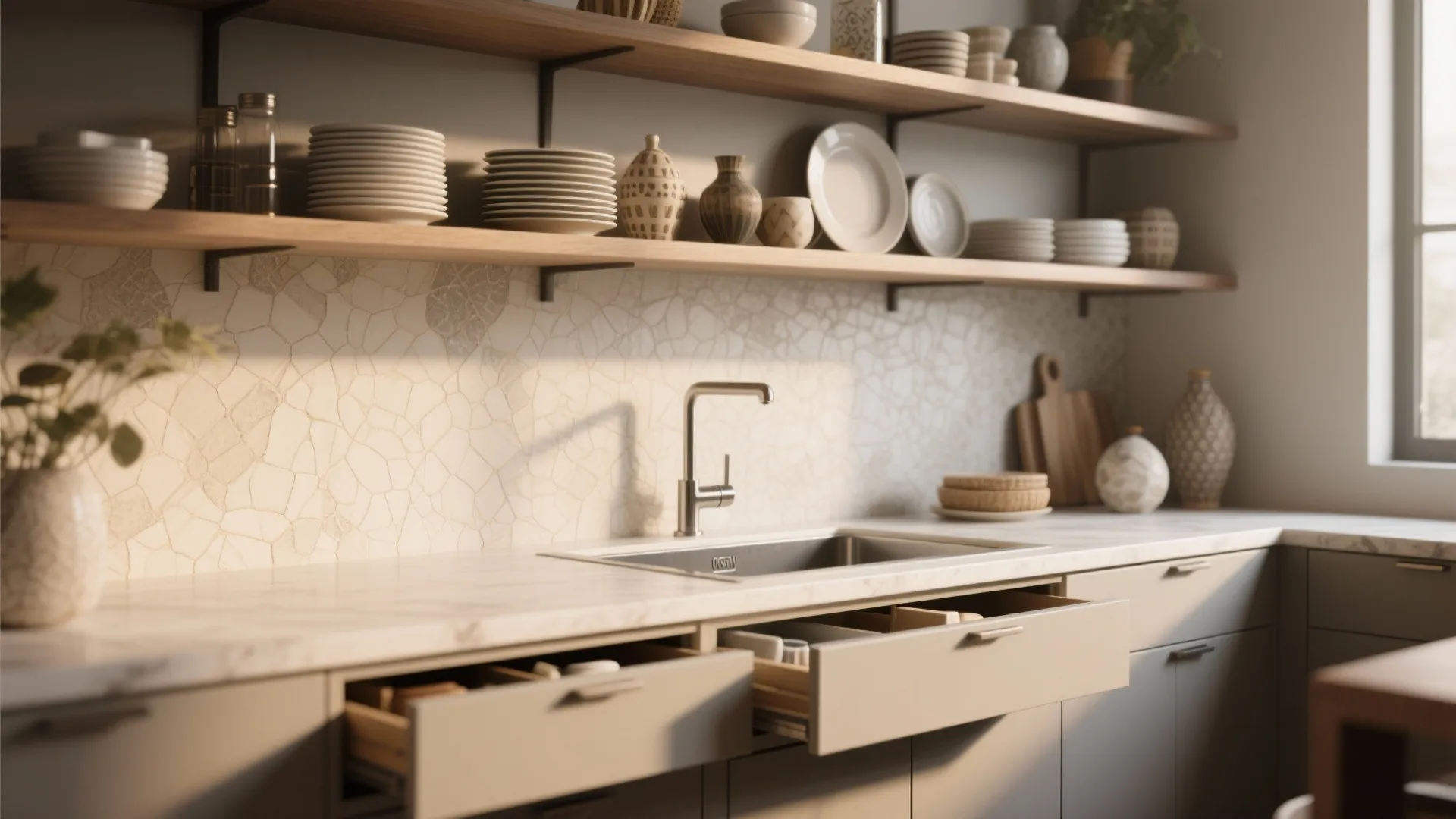Open shelves displaying dishes above the sink with deep drawers below for hidden storage.