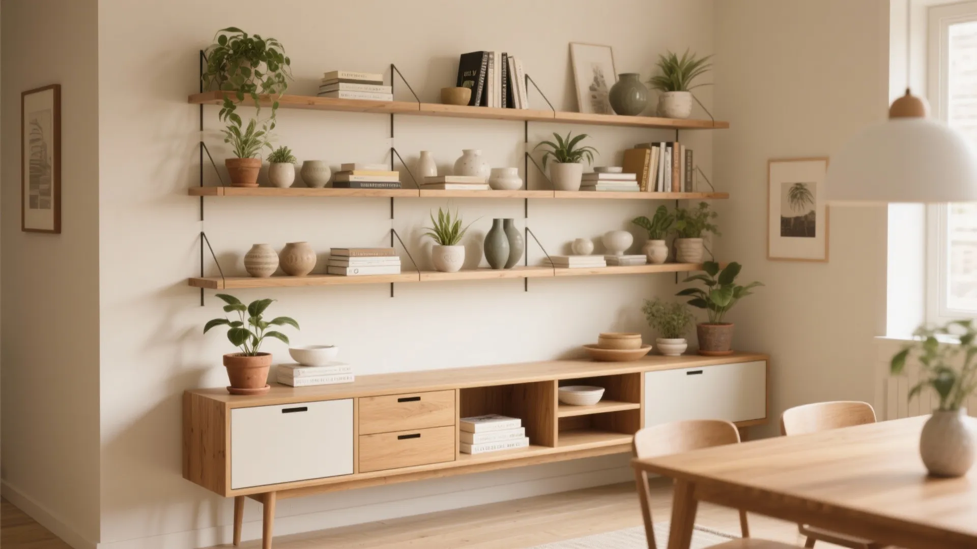 4. Open staggered shelving and low console combo