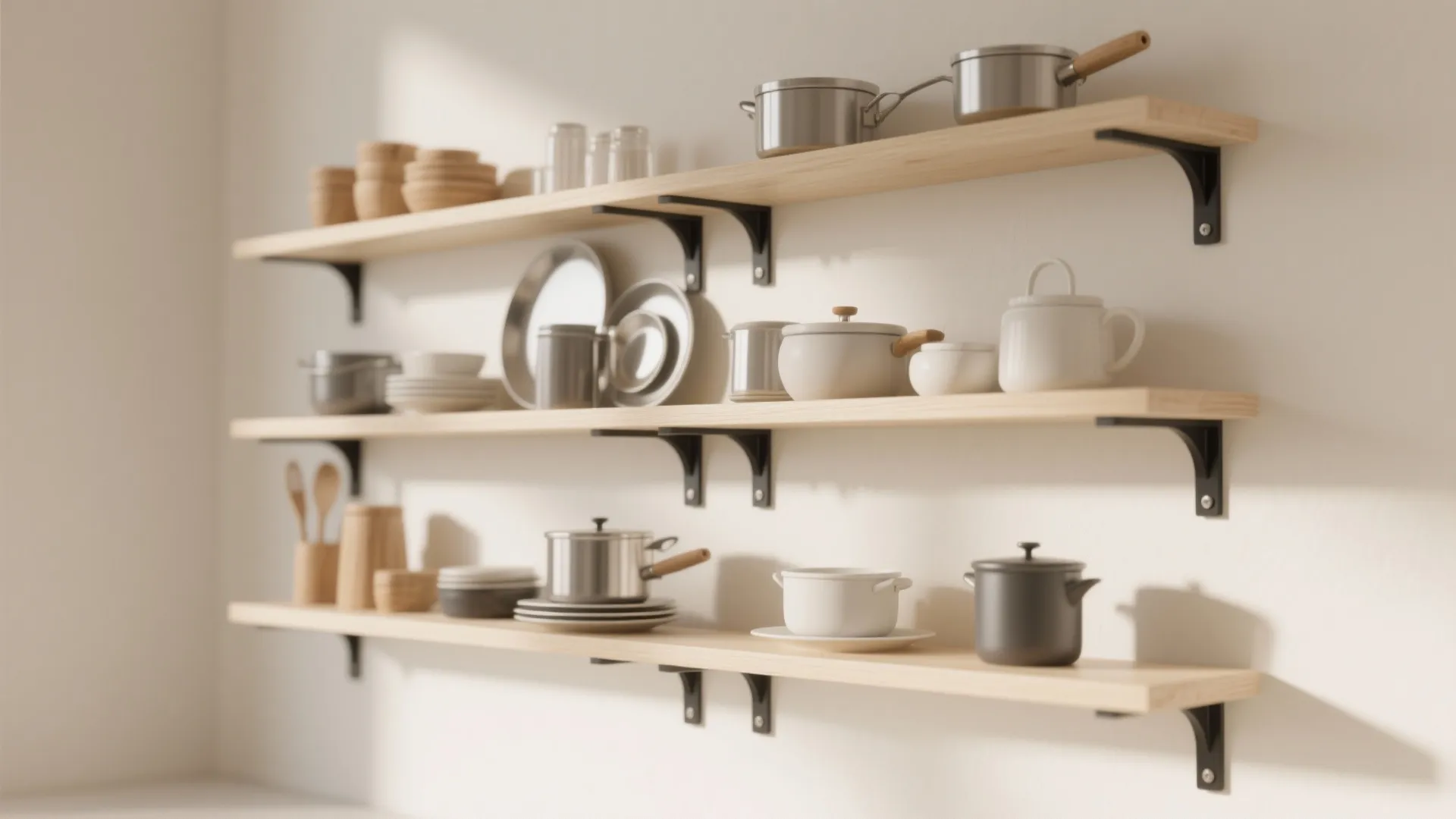 Three wooden wall shelves holding metal pots bowls and plates against a clean white wall
