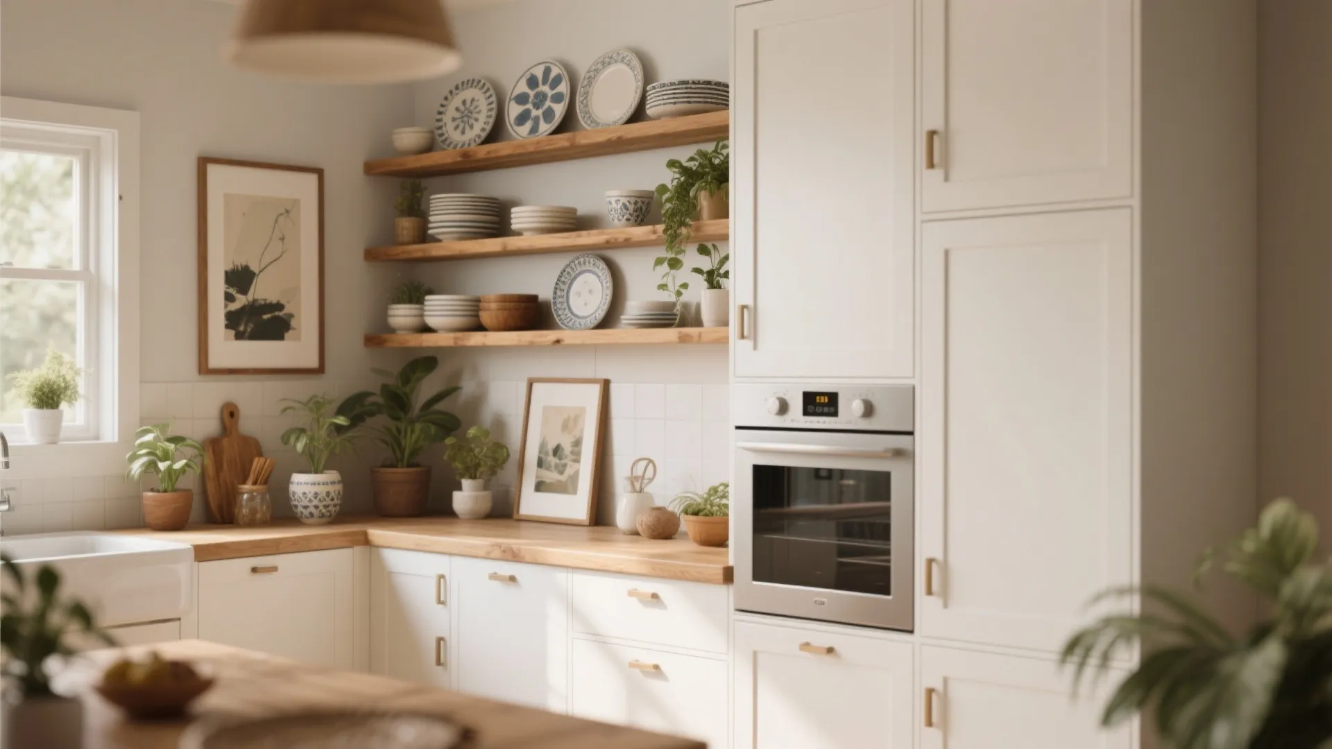 Bright kitchen with wooden open shelves holding plates and plants next to white cabinet with oven