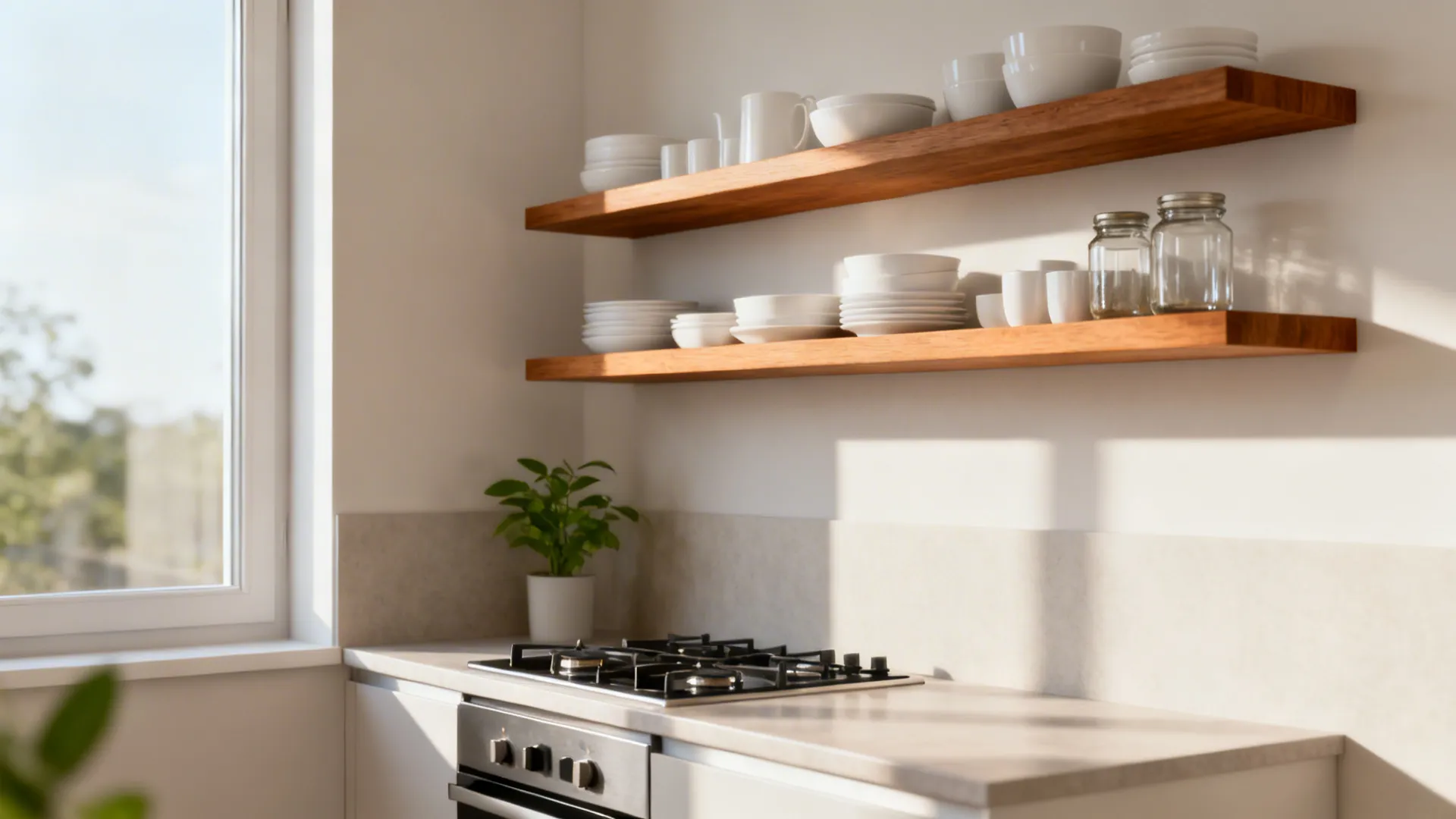 Small cooking zone with open wooden shelves and neatly arranged dishes keeping sightlines clear.