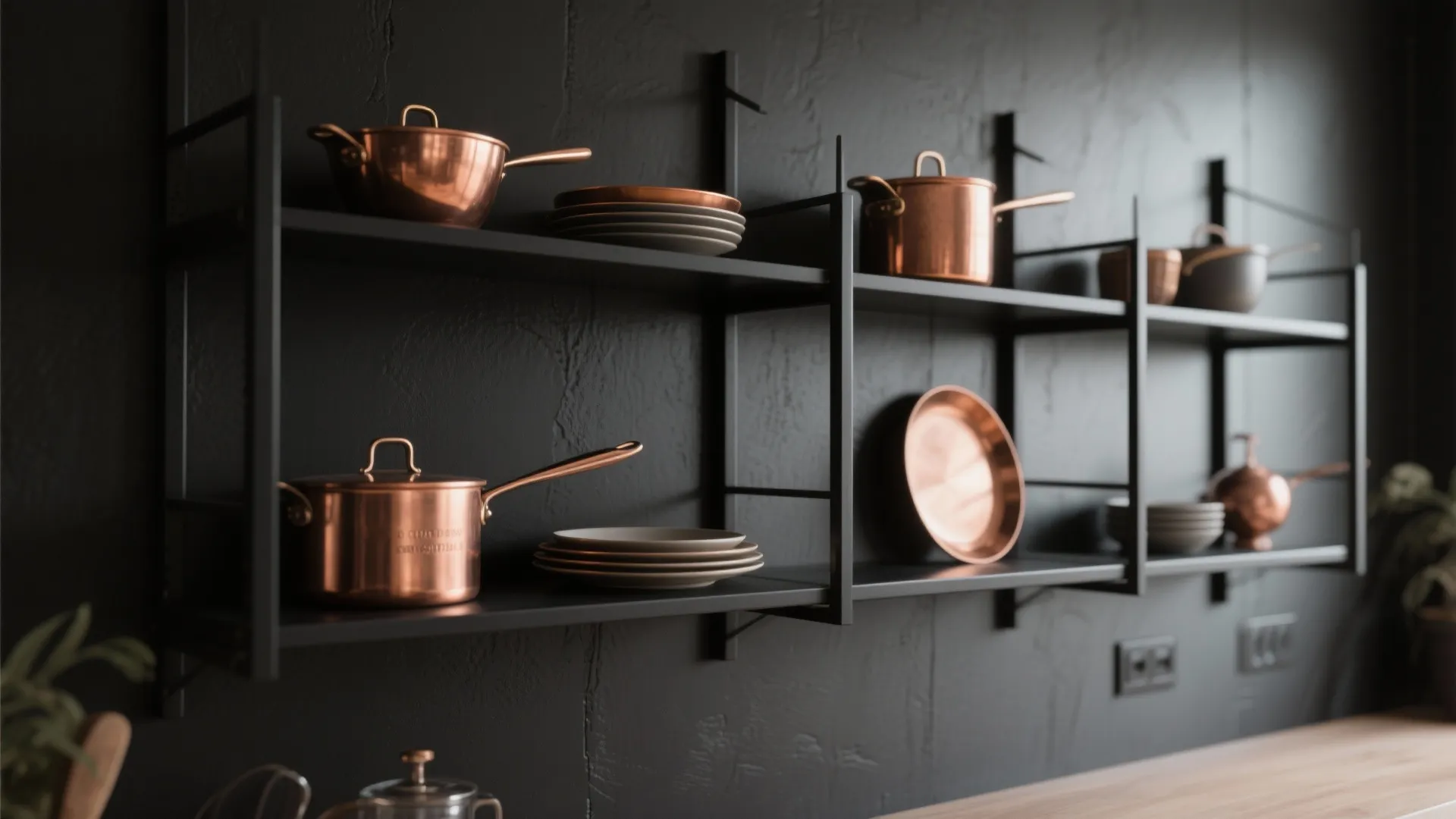 Black wall shelves displaying copper pots and pans with ceramic plates in a modern kitchen