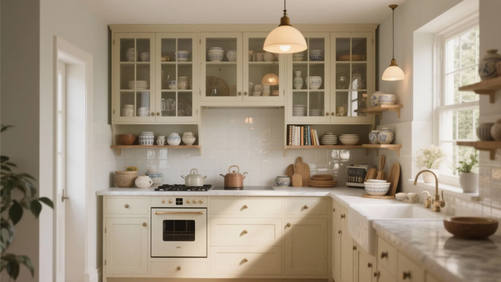 4. Use open shelving and glass fronts to avoid visual heaviness