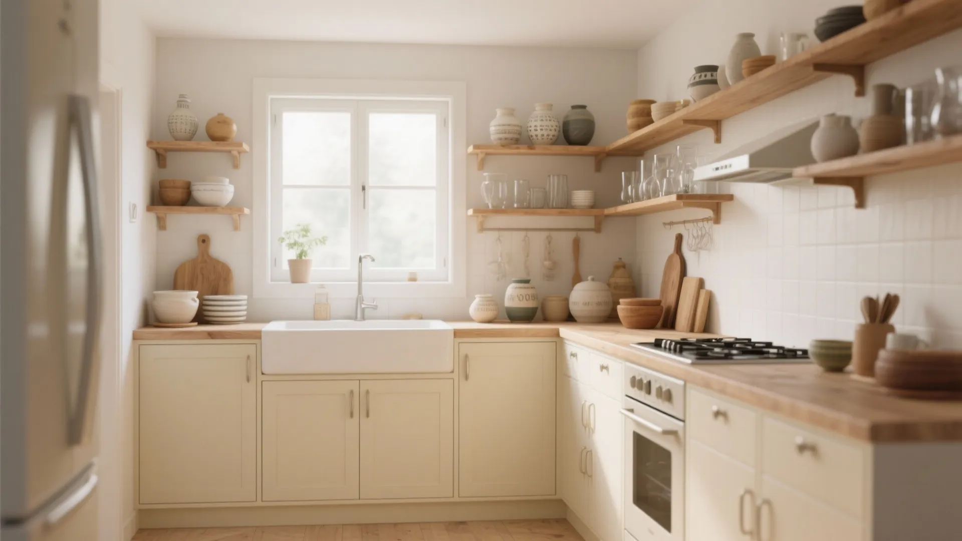 3. Cream Cabinets and Open Shelving