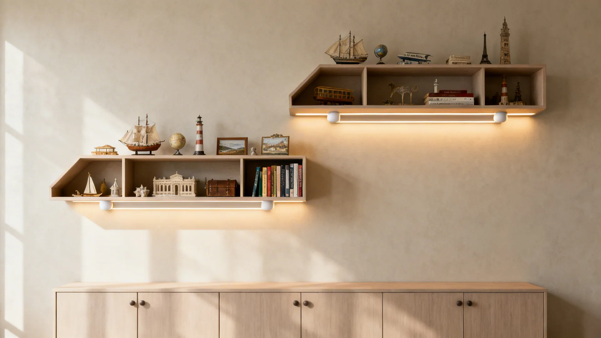 Asymmetrical open shelves with curated souvenirs and books over closed cabinets with soft shelf lighting.