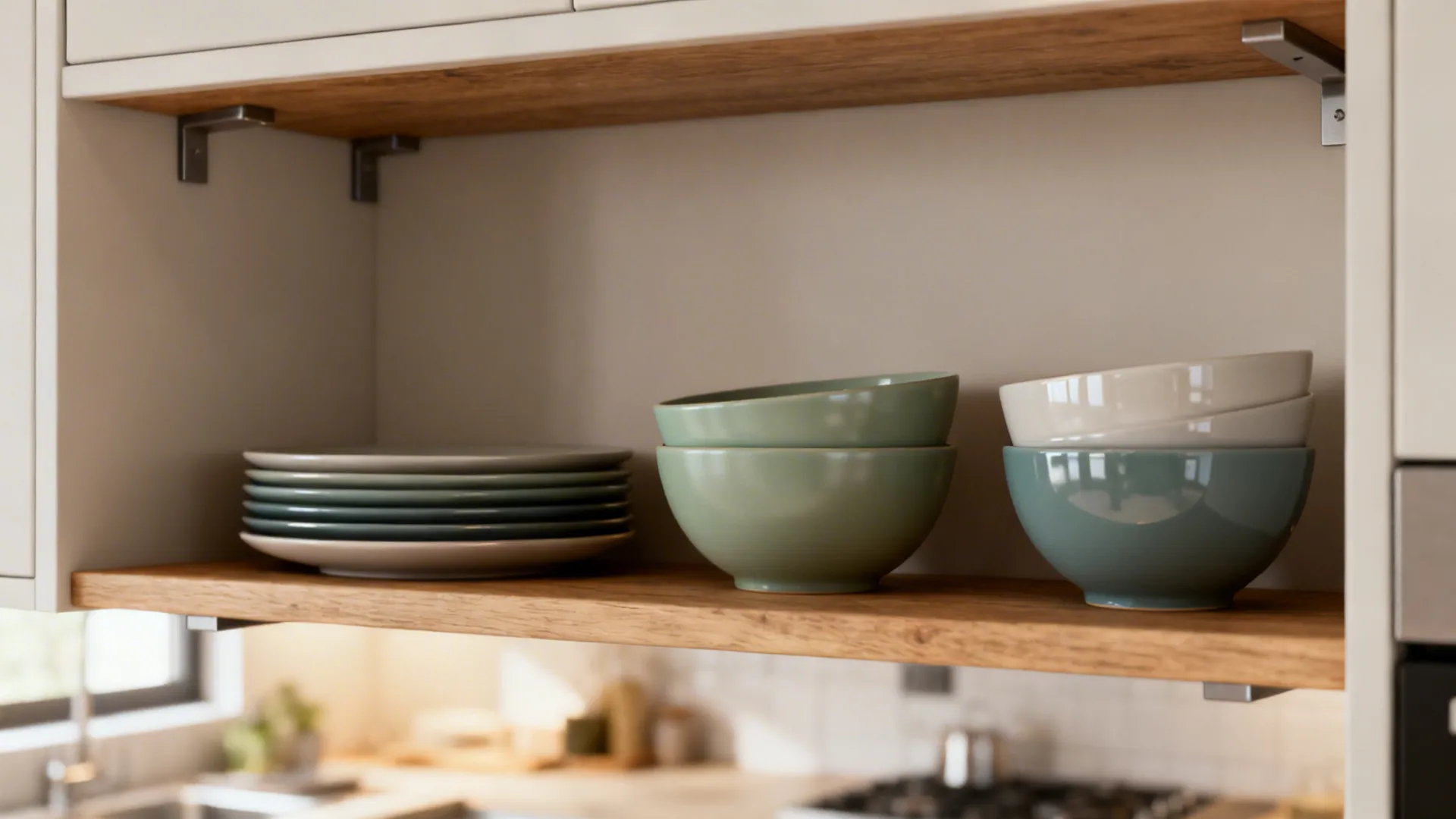 Close-up of curated open kitchen shelves with three coordinated dish colors and warm wood shelf.