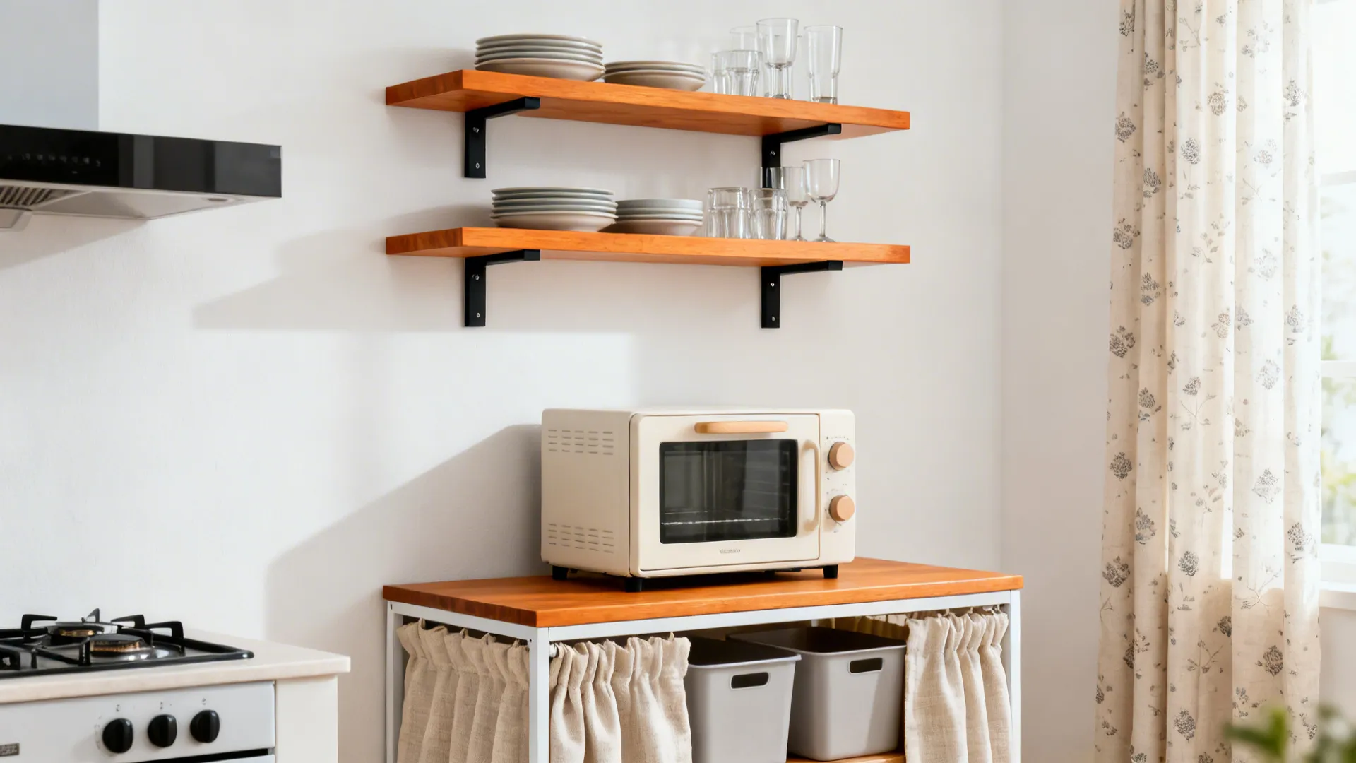 Open wood shelves above a curtained base hiding a mini-oven and bins in a small unfitted kitchen.