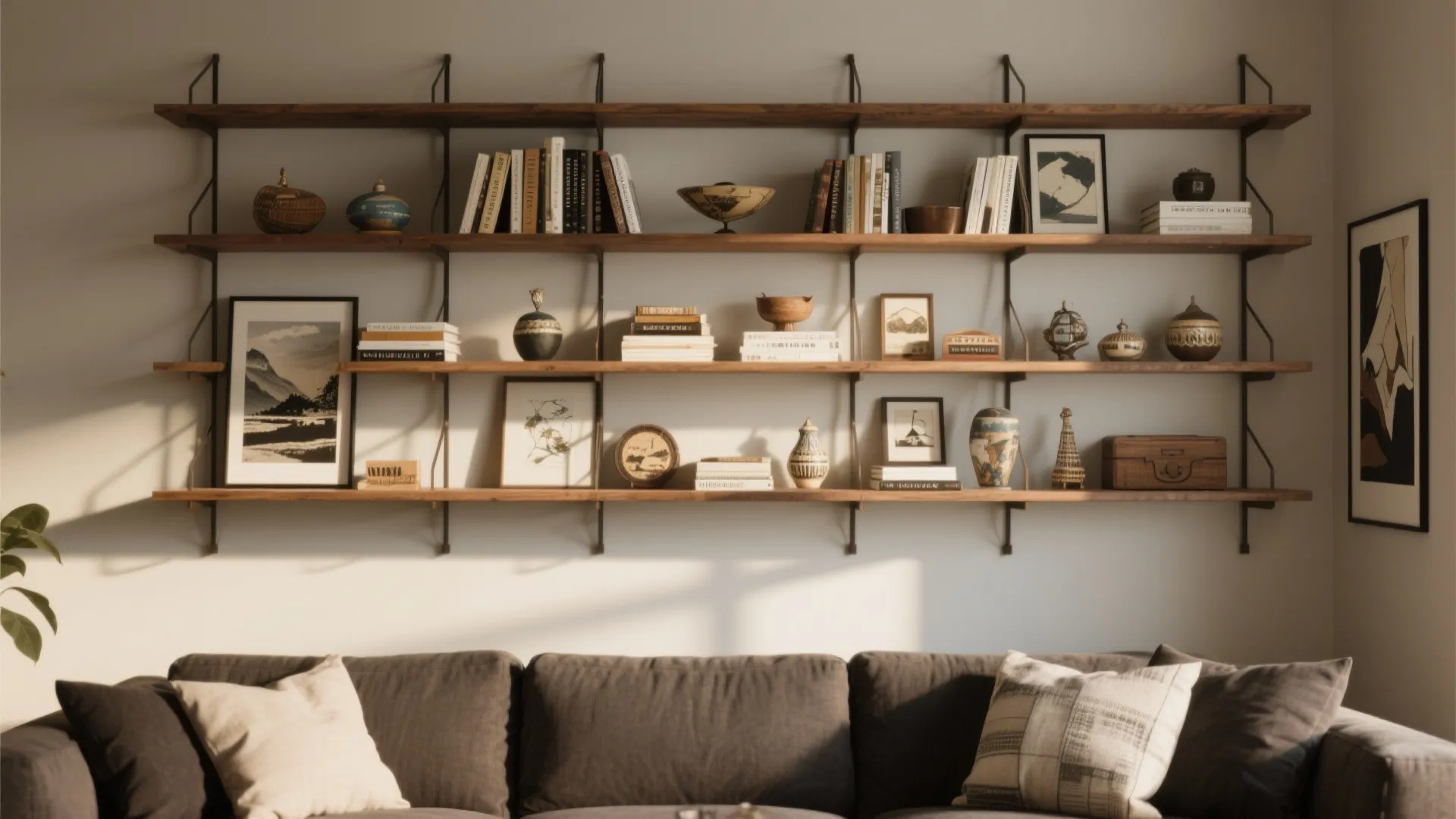 Wall wooden shelves with books art frames and small decor items above a grey fabric sofa