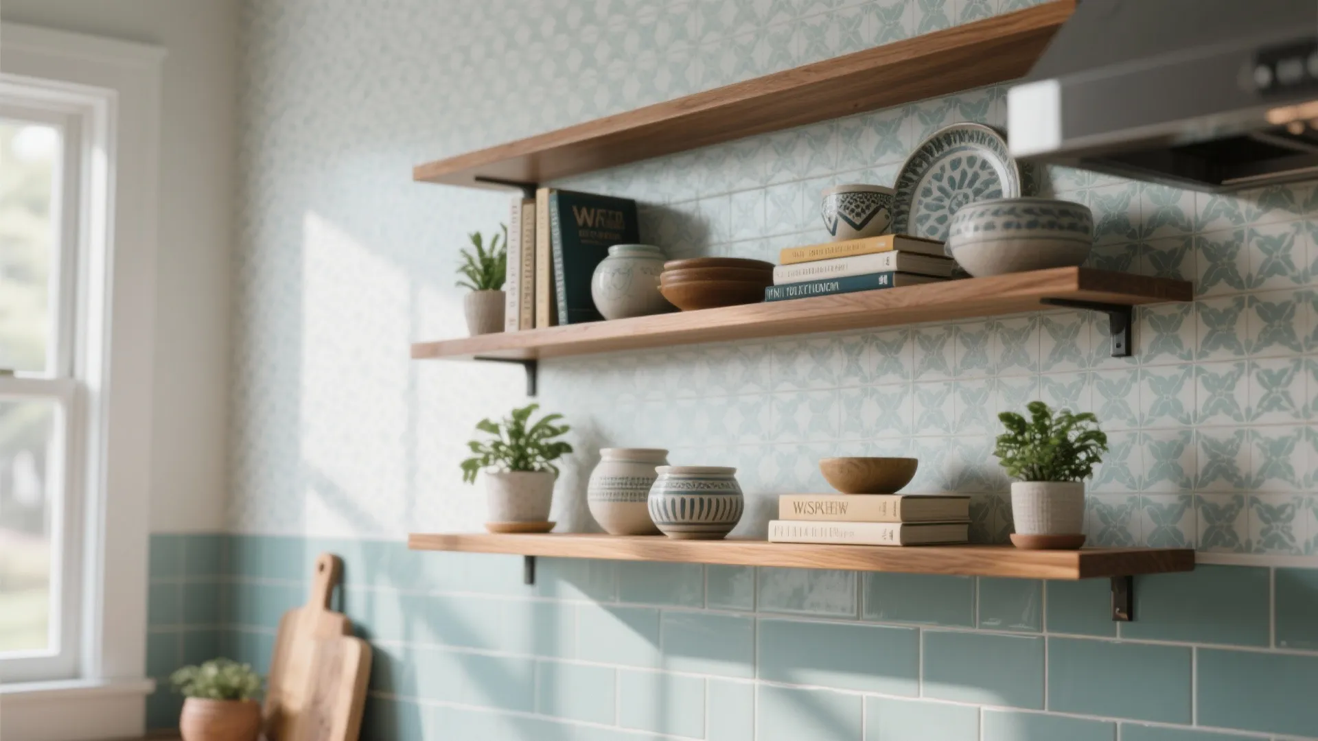 Wooden open kitchen shelves displaying various ceramic bowls books and small green plants on wall