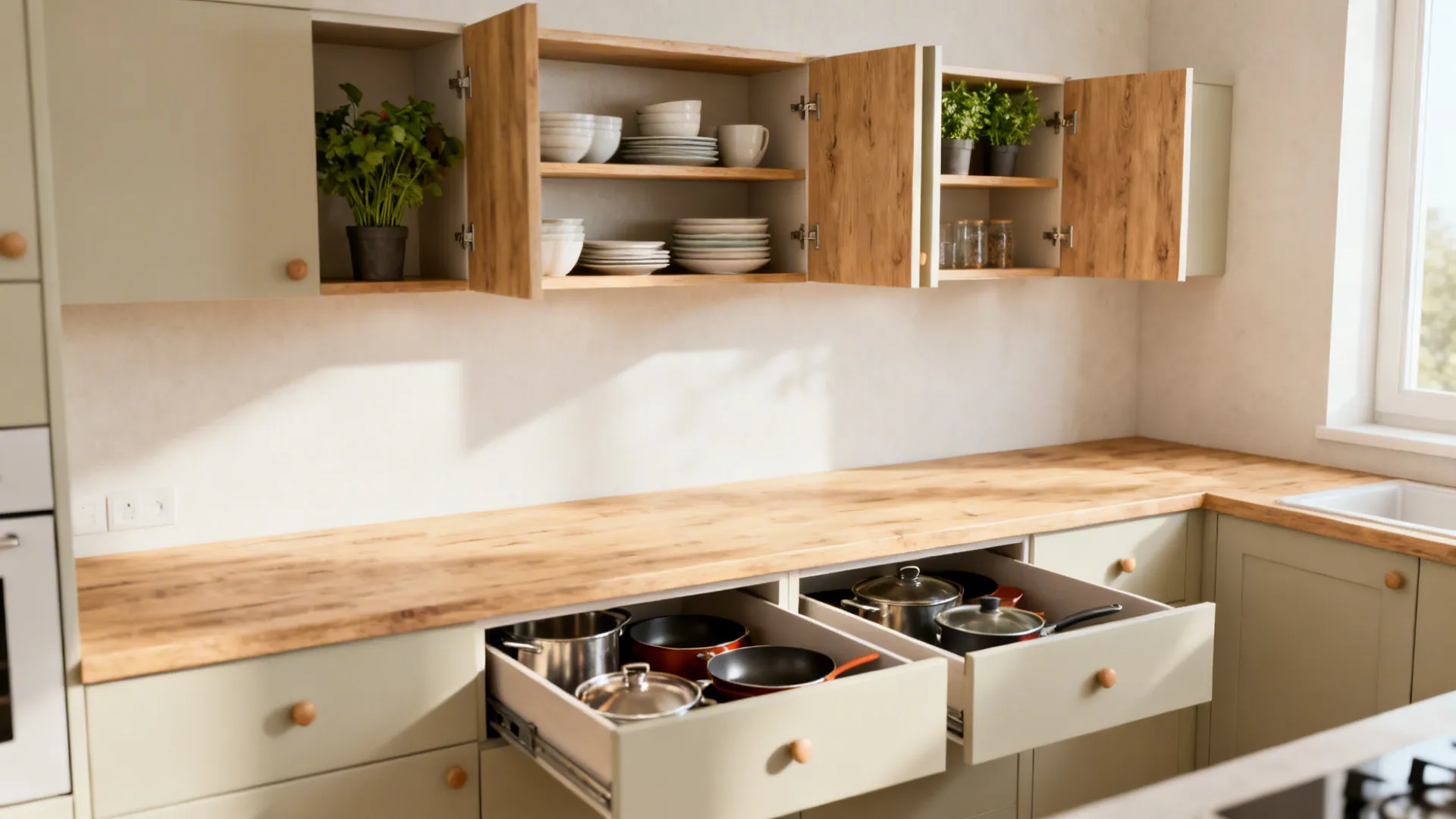 Kitchen interior with open wall cabinets and deep drawers storing pots pans and white dishes