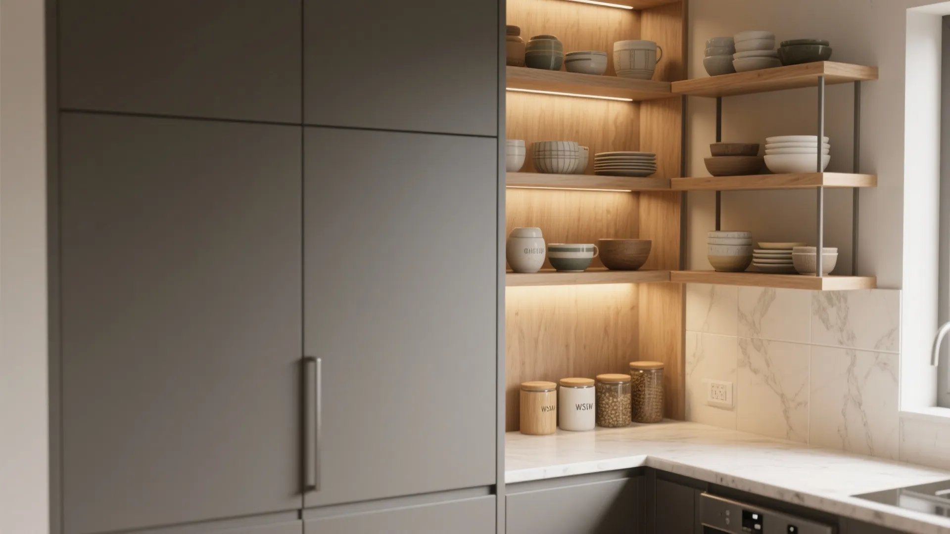 4. Vertical storage and open shelving to lighten the room