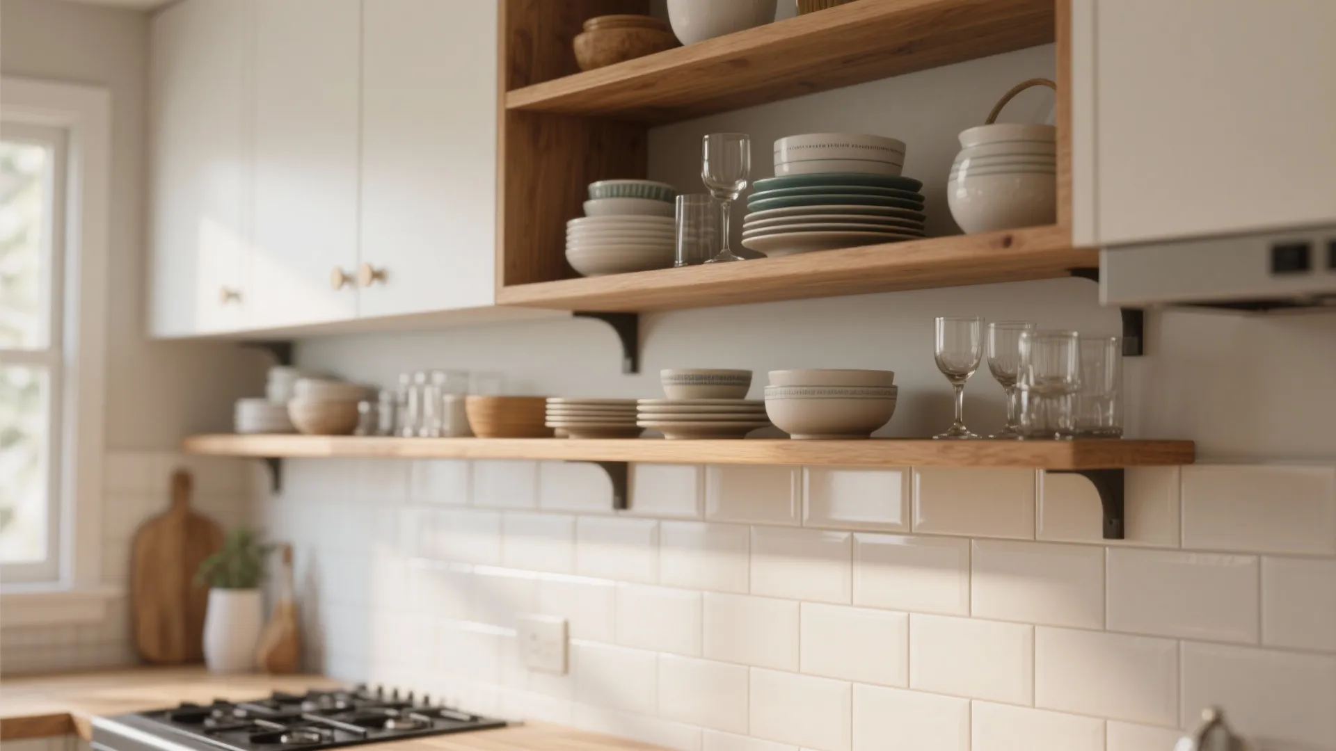2. Floating Shelves and Open Upper Cabinets