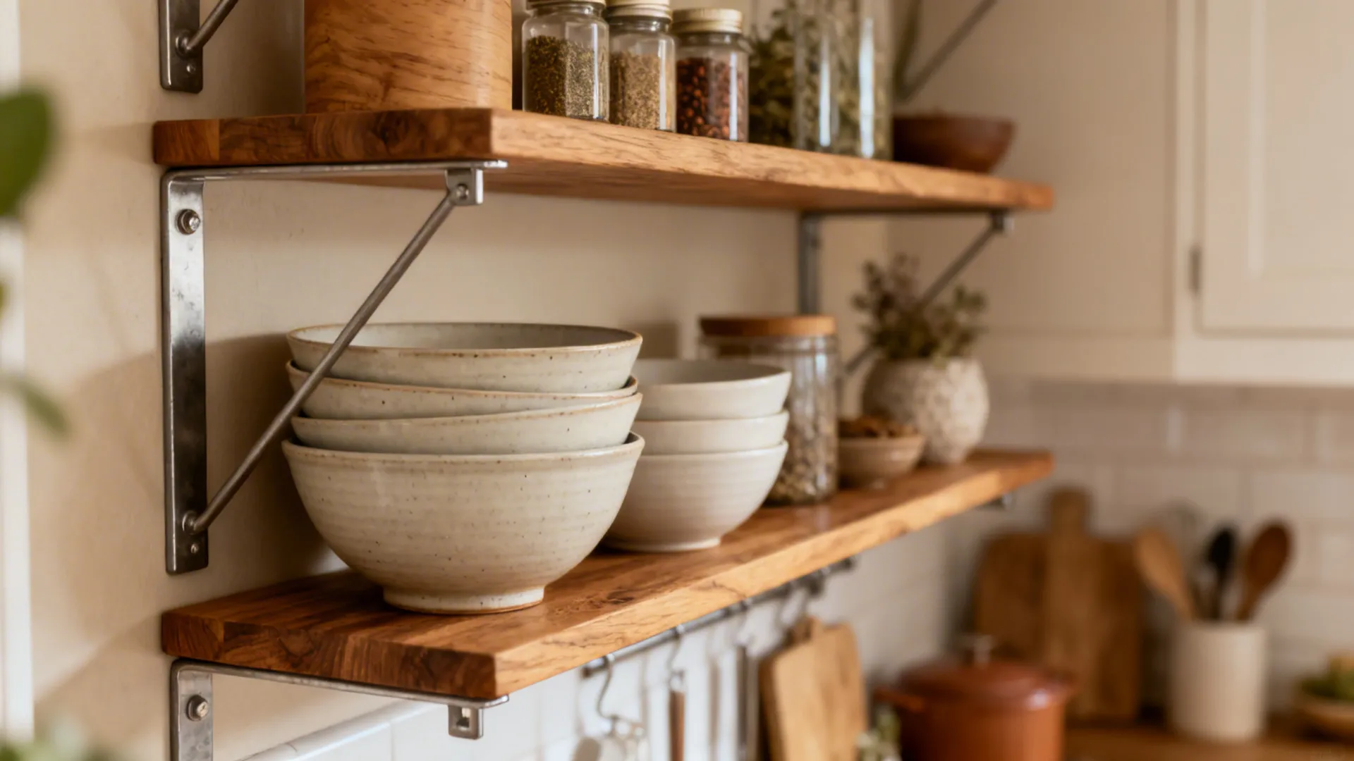 Close-up of wooden open shelves with neatly arranged bowls and spice jars in a small kitchen.