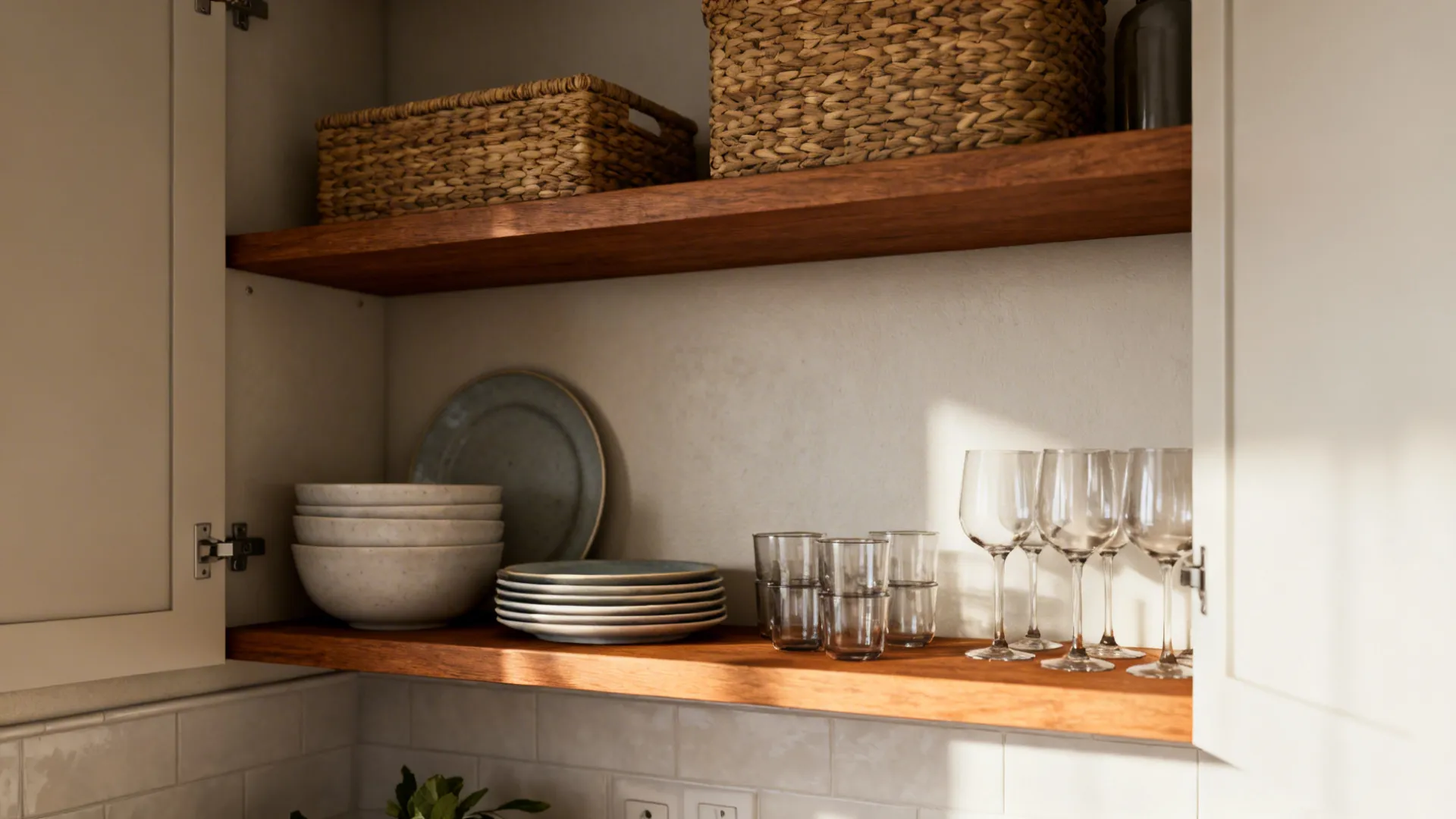 Curated open kitchen shelves with baskets, ceramic plates and glassware in a small kitchen.