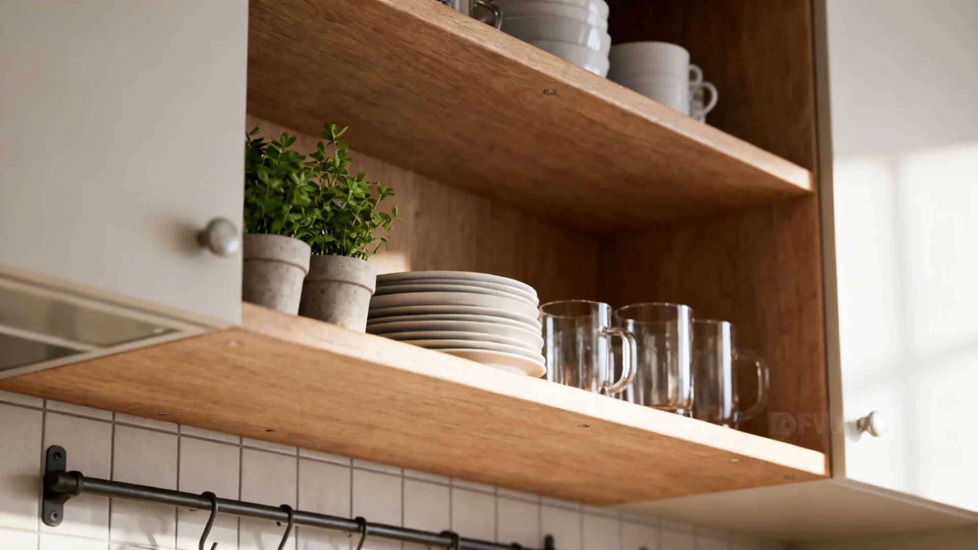Open wooden kitchen shelves neatly styled with dishes, glasses and a small herb pot in soft daylight