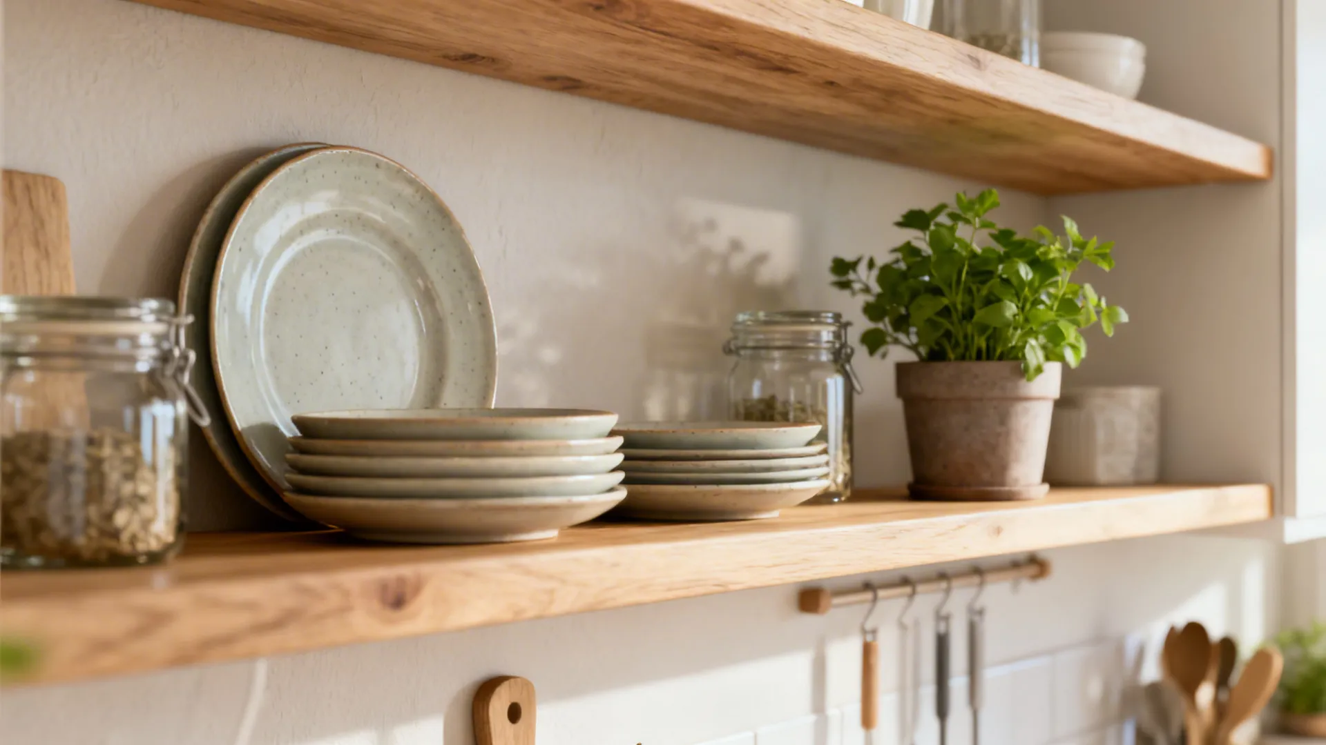 Close-up of tidy open kitchen shelves with dishes, jars and a small herb pot on light wood shelves.