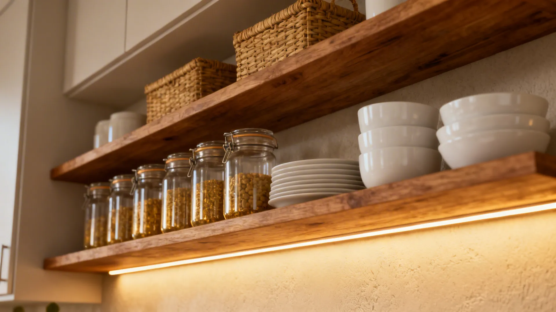 Curated open kitchen shelves with uniform containers and warm under-shelf lighting