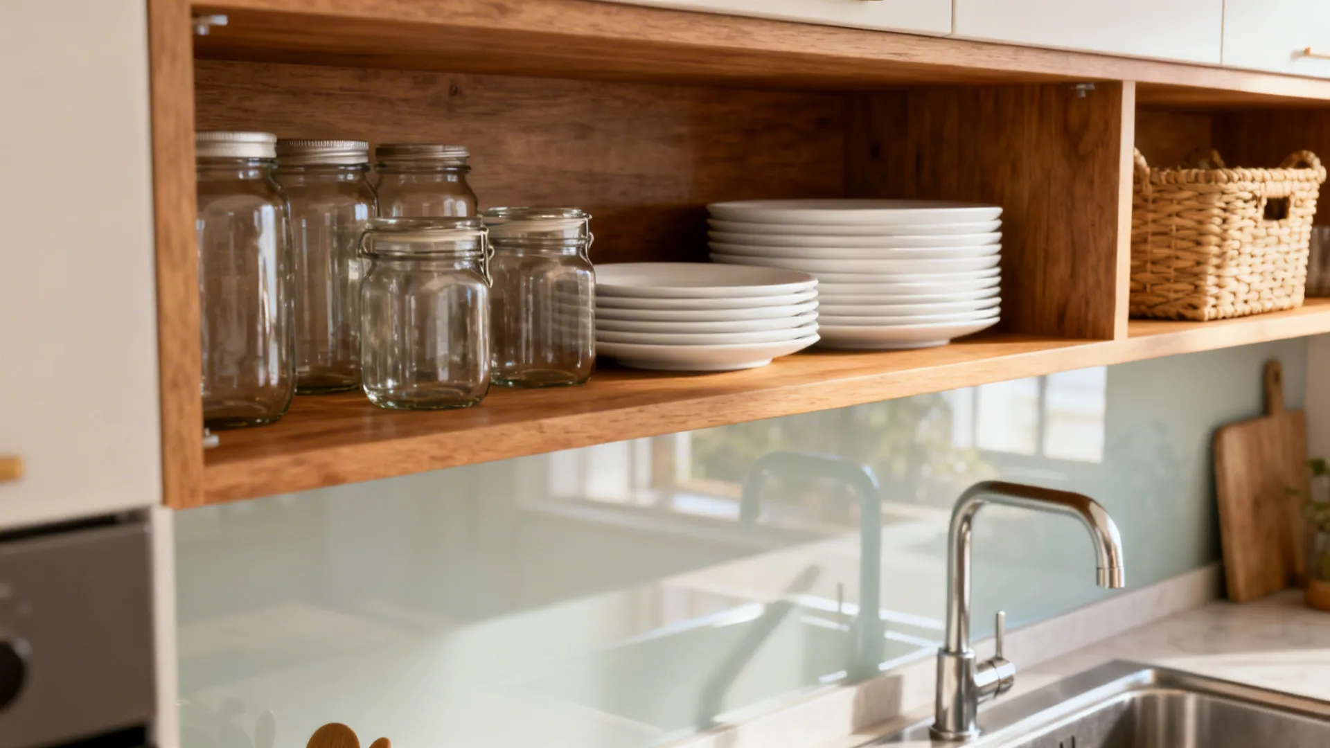 Open wooden shelves above a sink holding glass jars and ceramics for a tidy, airy kitchen look