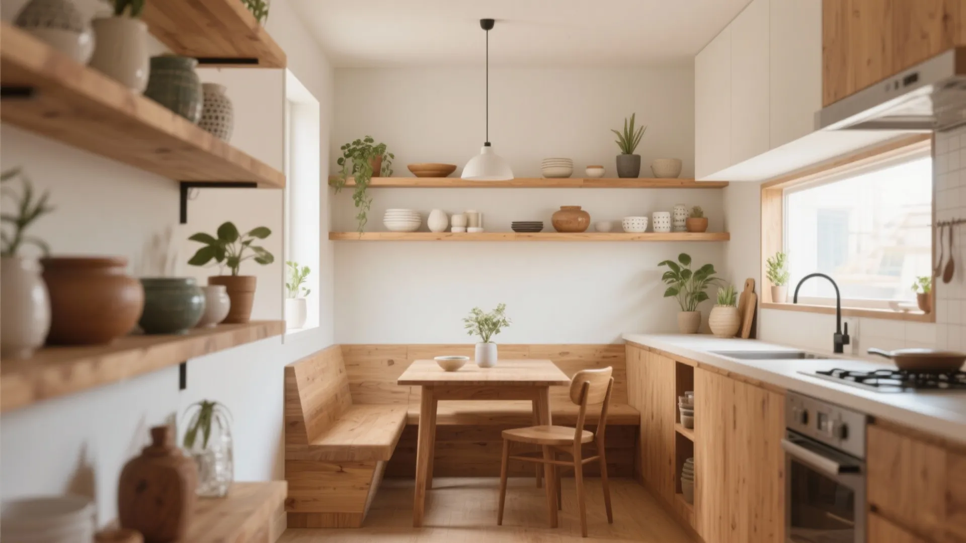 Dining nook with open shelves above and minimal styling