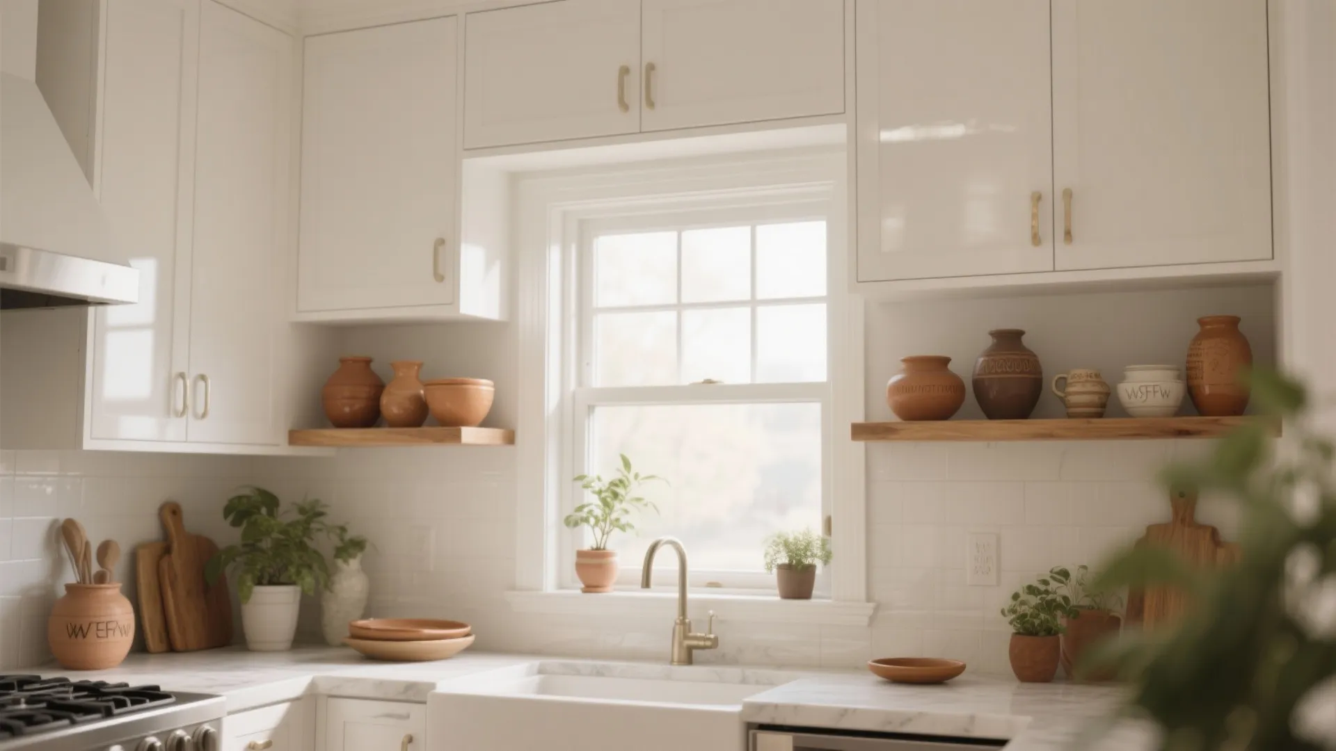 Glossy white cabinets with open wooden shelves showing ceramics and plants near a window