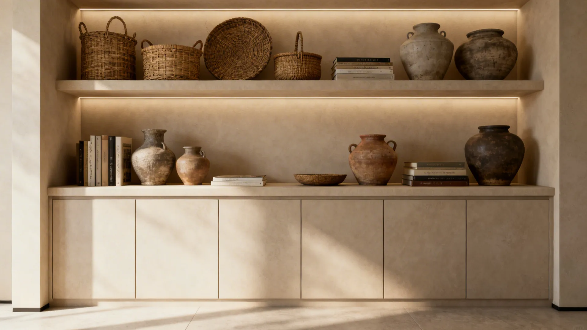 Open shelving above a low console styled with baskets, pottery and curated books.