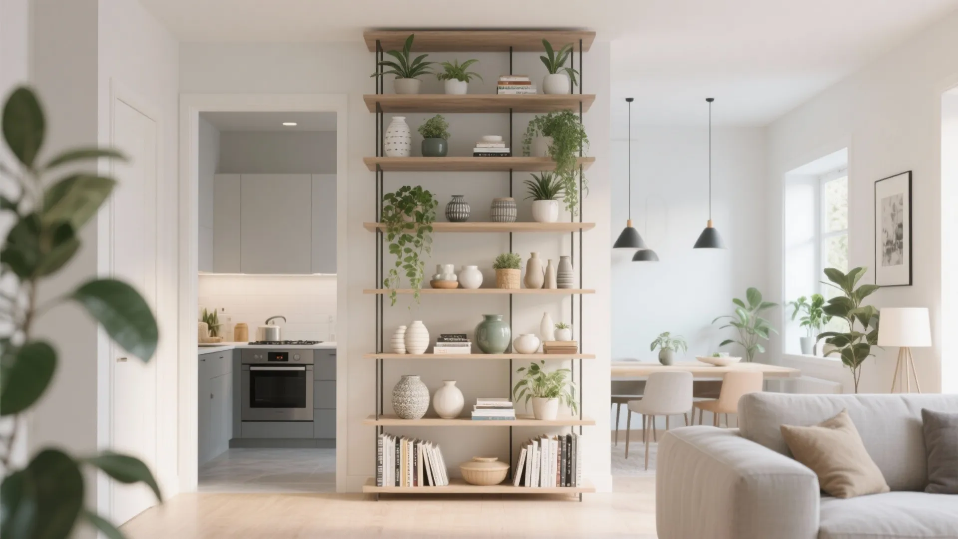 Modern wooden open shelves room divider with green plants and books separating kitchen and living area