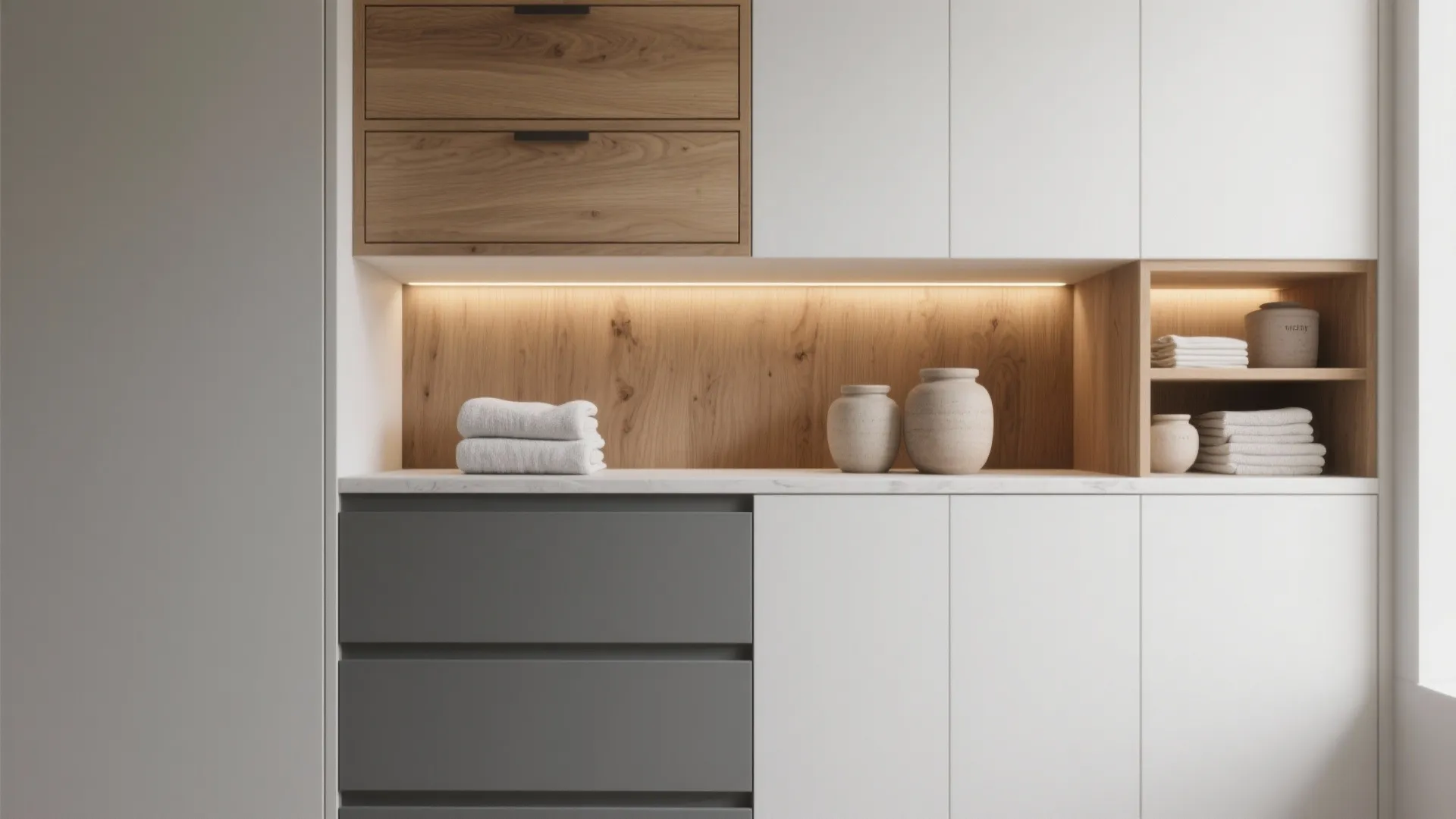 White oak open shelf band above concealed drawers with towels and ceramics, warm LED accent.