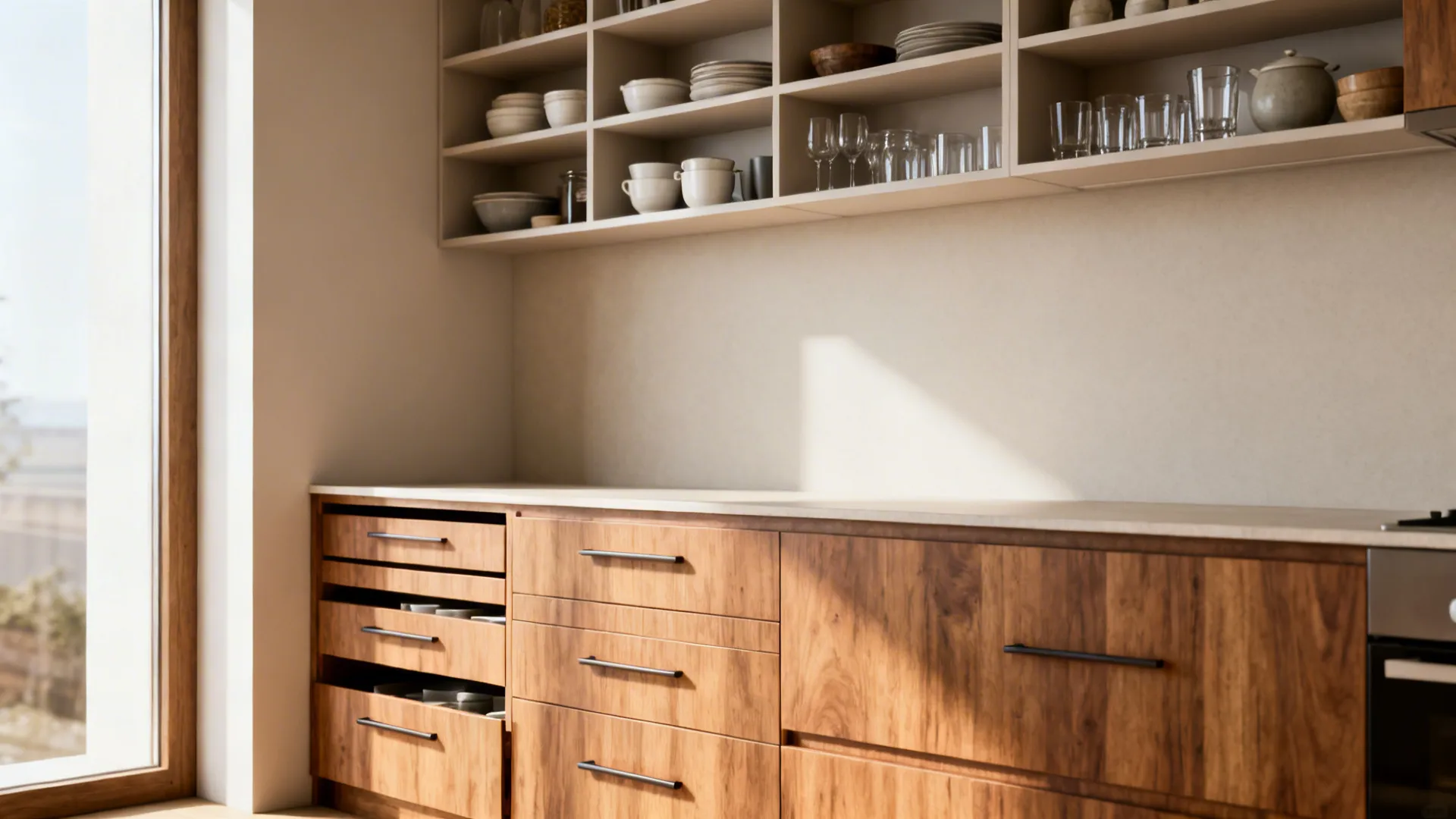 Open floating shelves over deep lower drawers in a small kitchen, neatly styled with dishes.