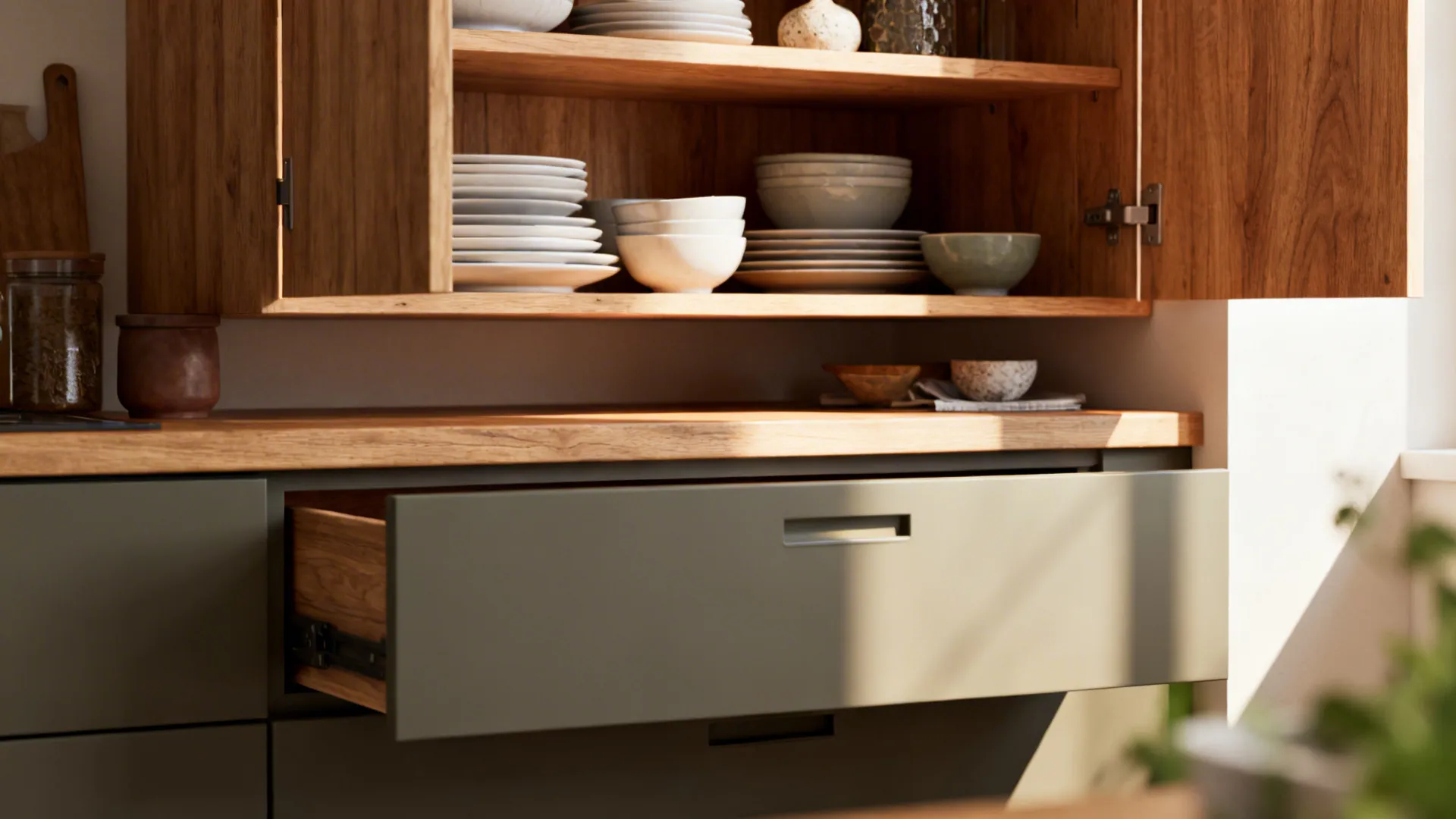 Open wooden shelves with neatly arranged dishes above low-profile hidden drawers in a compact kitchen.