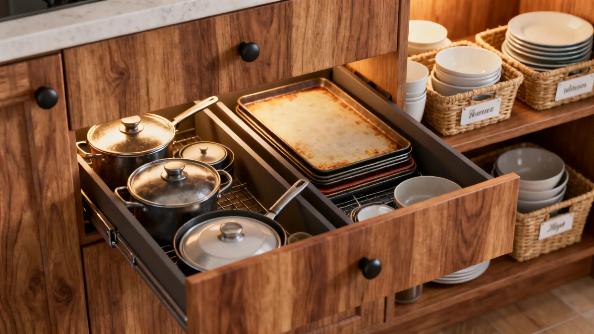 Close-up of deep pull-out drawers and open lower shelves with organized pots and dishes in a small kitchen.