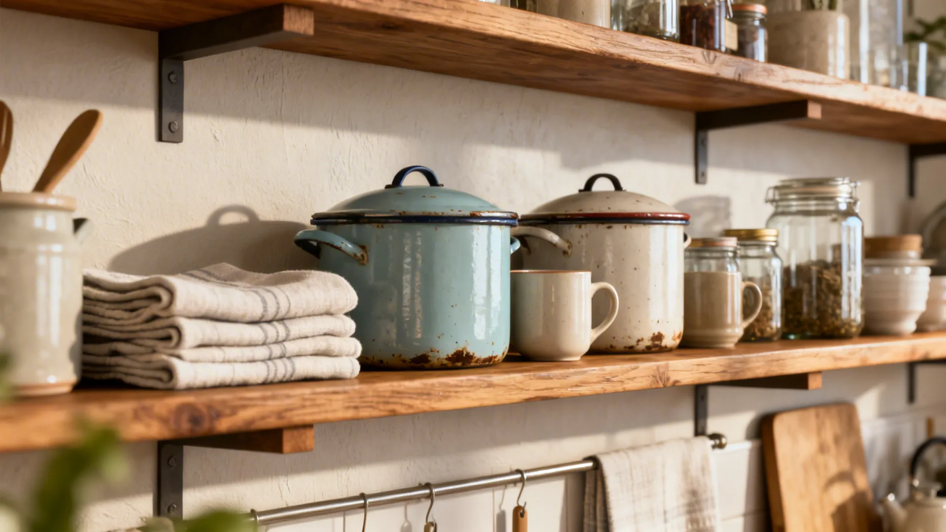 Curated open wood shelves with enamel pots, mugs and glass jars in a small kitchen.
