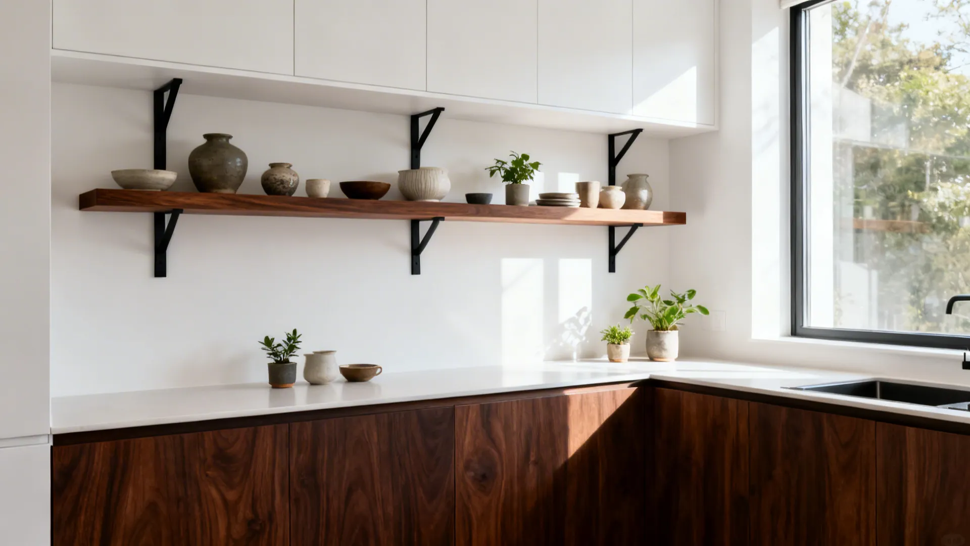 Open Shelving: White Walls, Espresso Planks