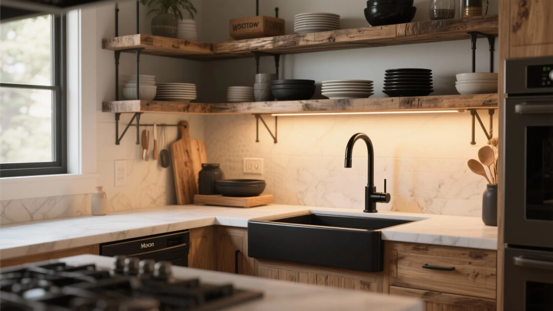 4. Blend black faucet with open shelving and lighting