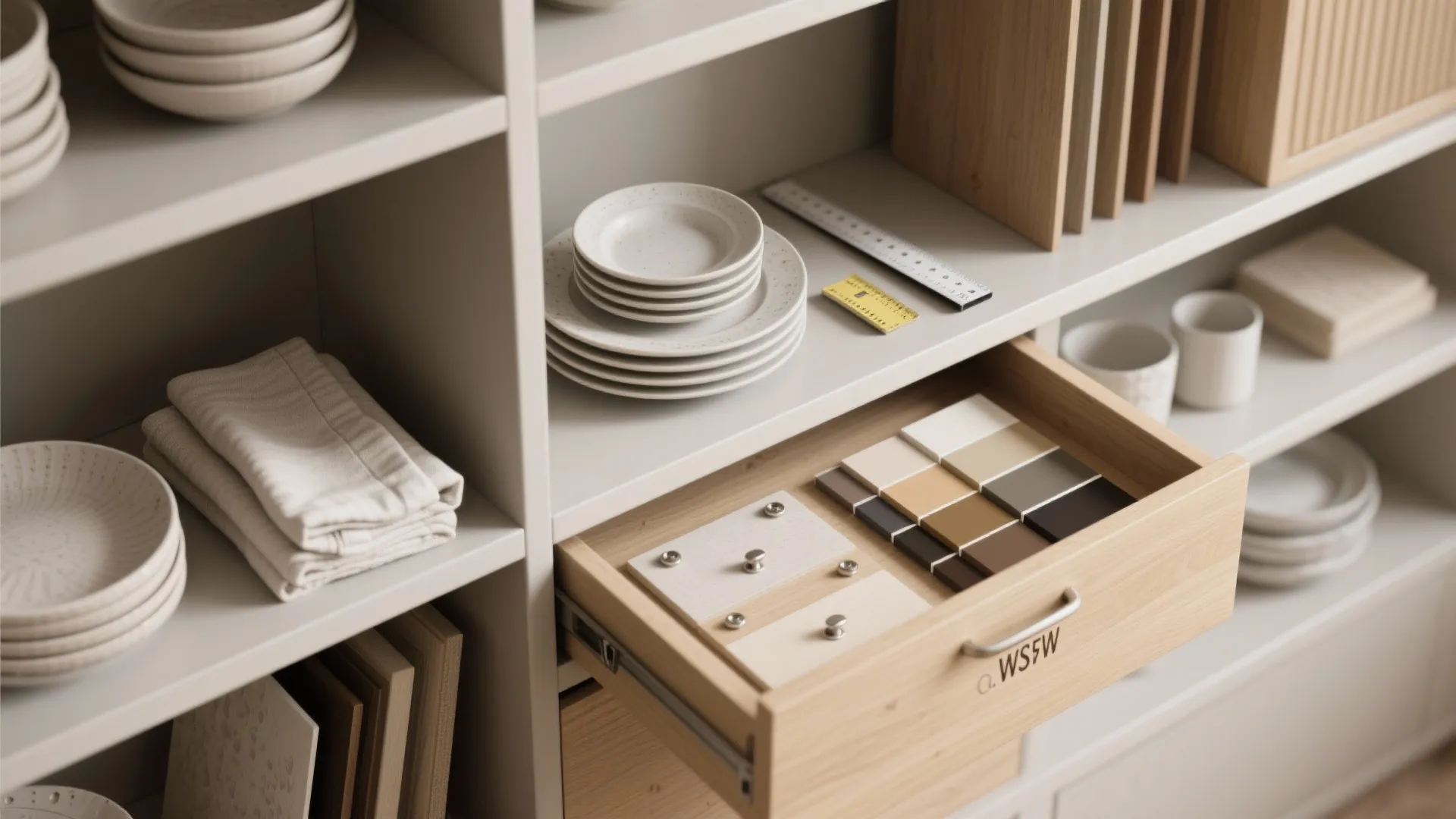 Open wooden drawer showing interior design color samples and materials next to white ceramic plates