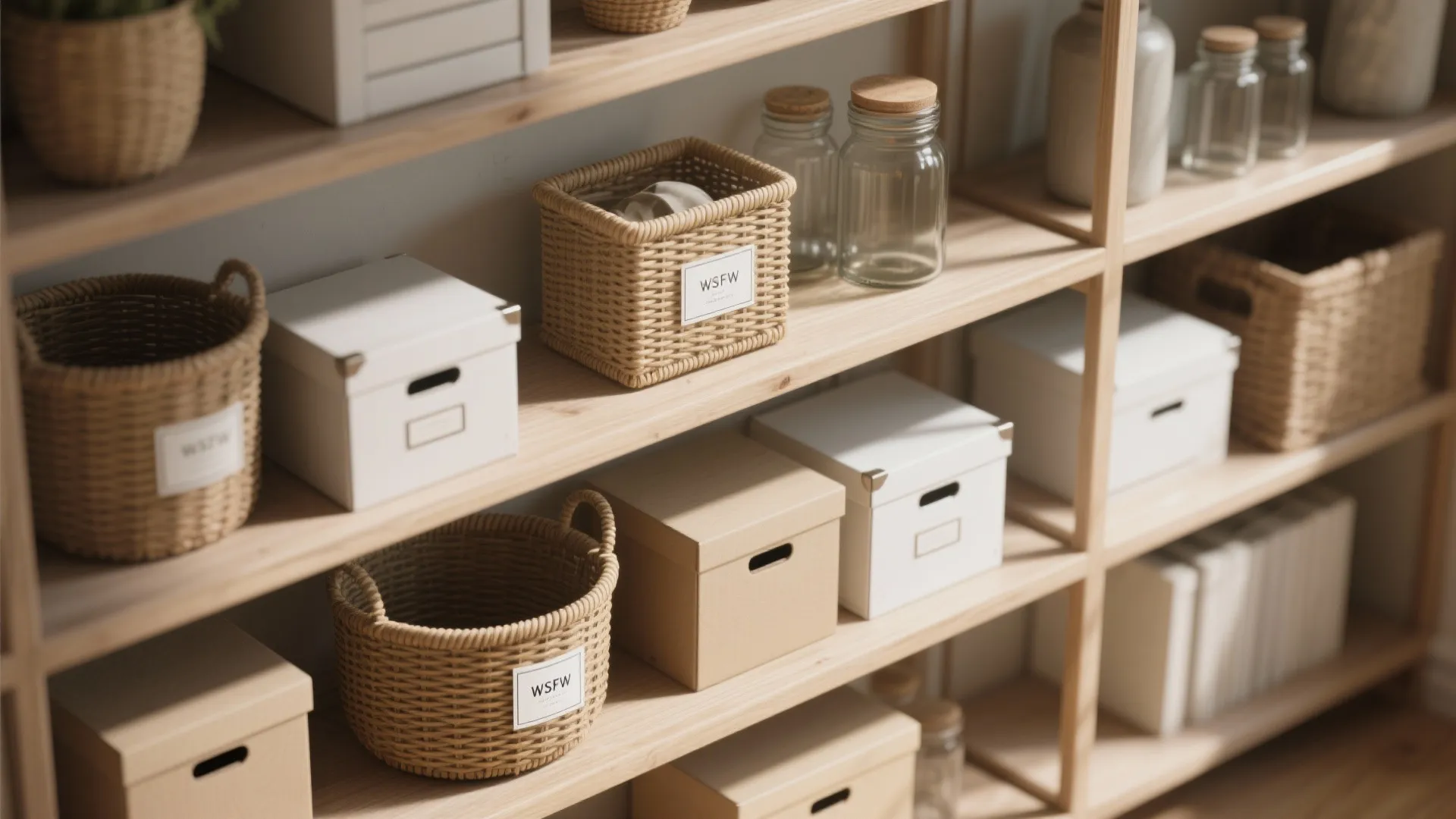 5. Open shelving with curated storage boxes