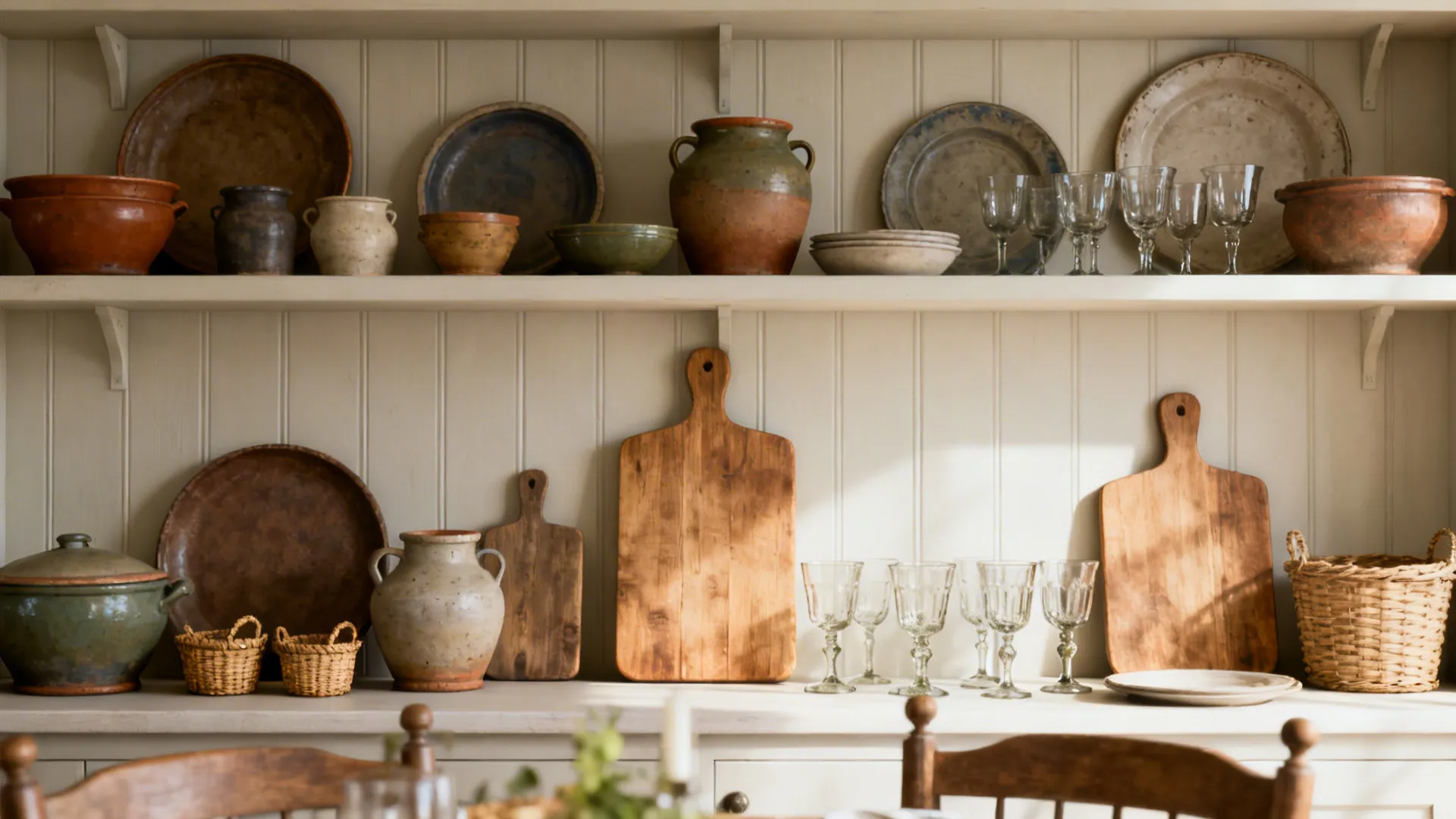 Open shelving with curated pottery, wood boards and vintage glassware arranged in groups