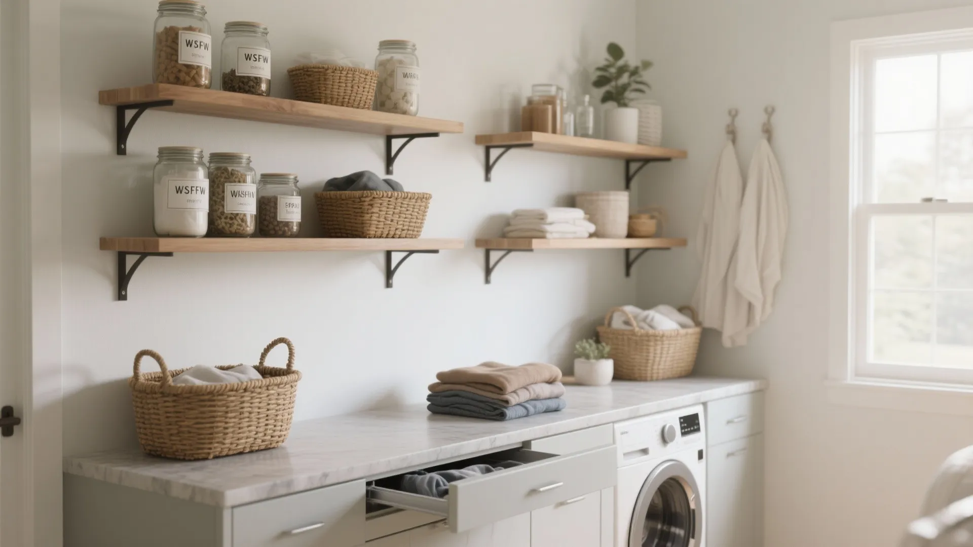 3. Open Shelving with a Fold-Down Counter